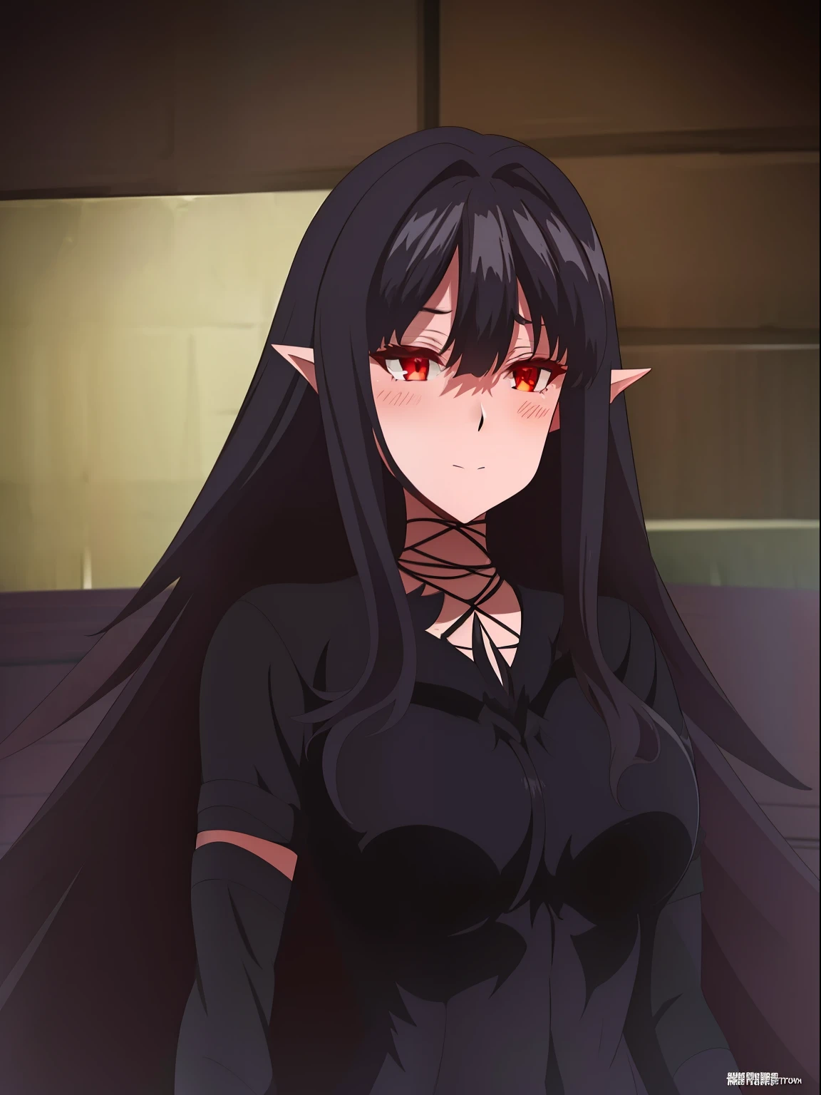 Anime girl with long black hair and red eyes in a black dress - SeaArt AI