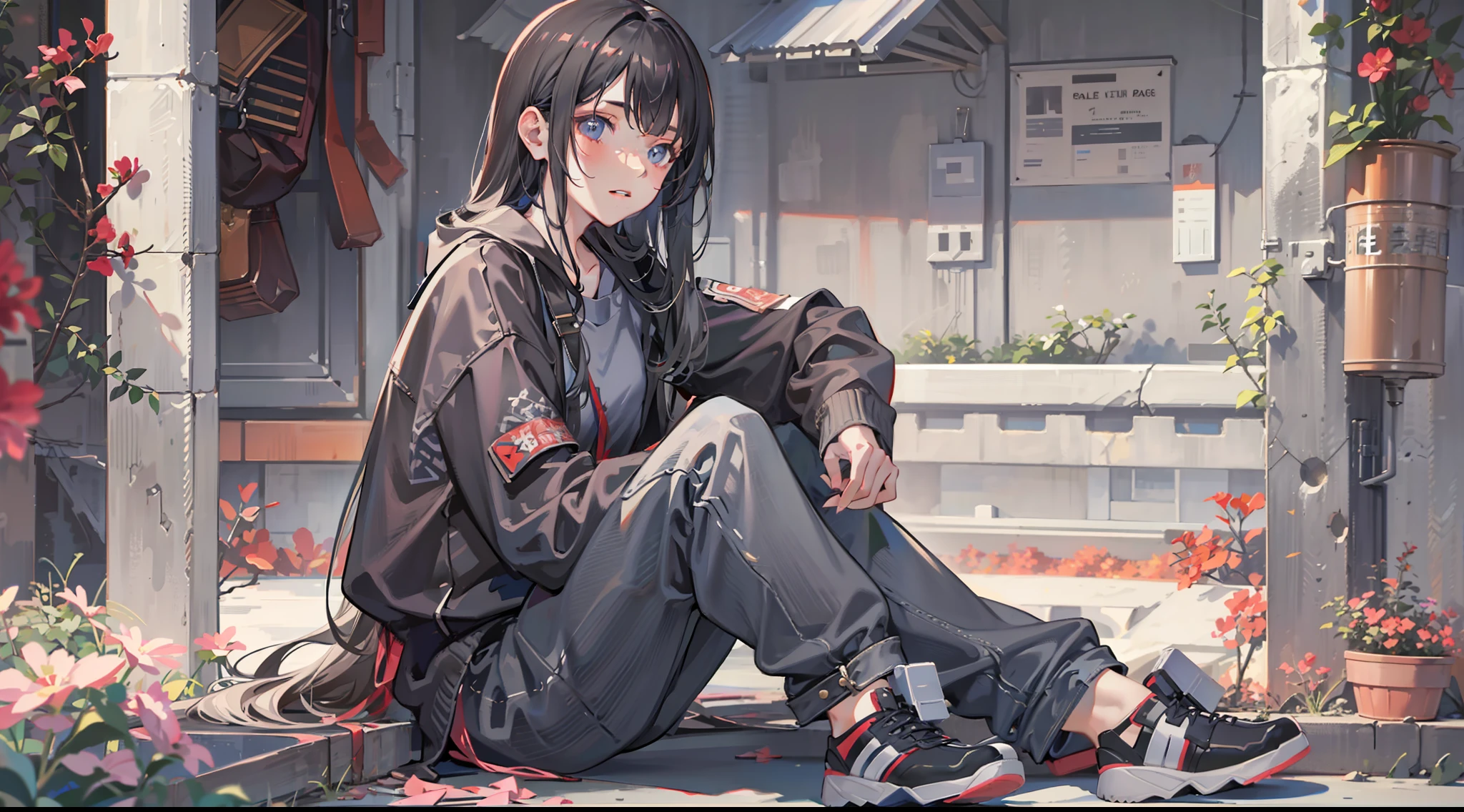 Woman sitting on chair in black top and jeans, Baggy pants, dressed with long fluent clothes, wearing a long flowy fabric, casual clothing style、 wearing a baggy, multilayered outfit, Silver and muted colors, Relaxed style, grey Clothes, Pants, baggy, Gray skin. grunge, Styling、Ruins、Buildings eroded by vegetation,hi-school girl、military outfits, guweiz and makoto shinkai, realistic anime 3 d style, Kyoto Animation Style