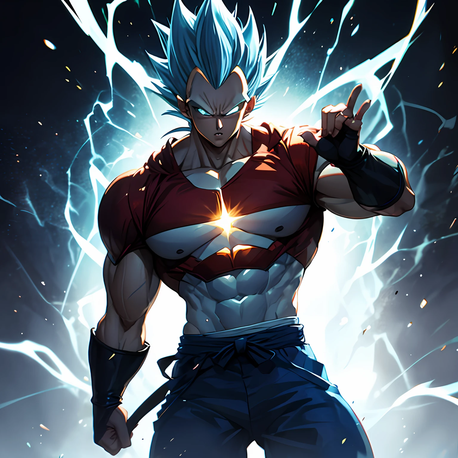 masterpiece, best quality, Vegeta super Saiyan blue, blue hair  Blue Lightning Point one's finger at oneself