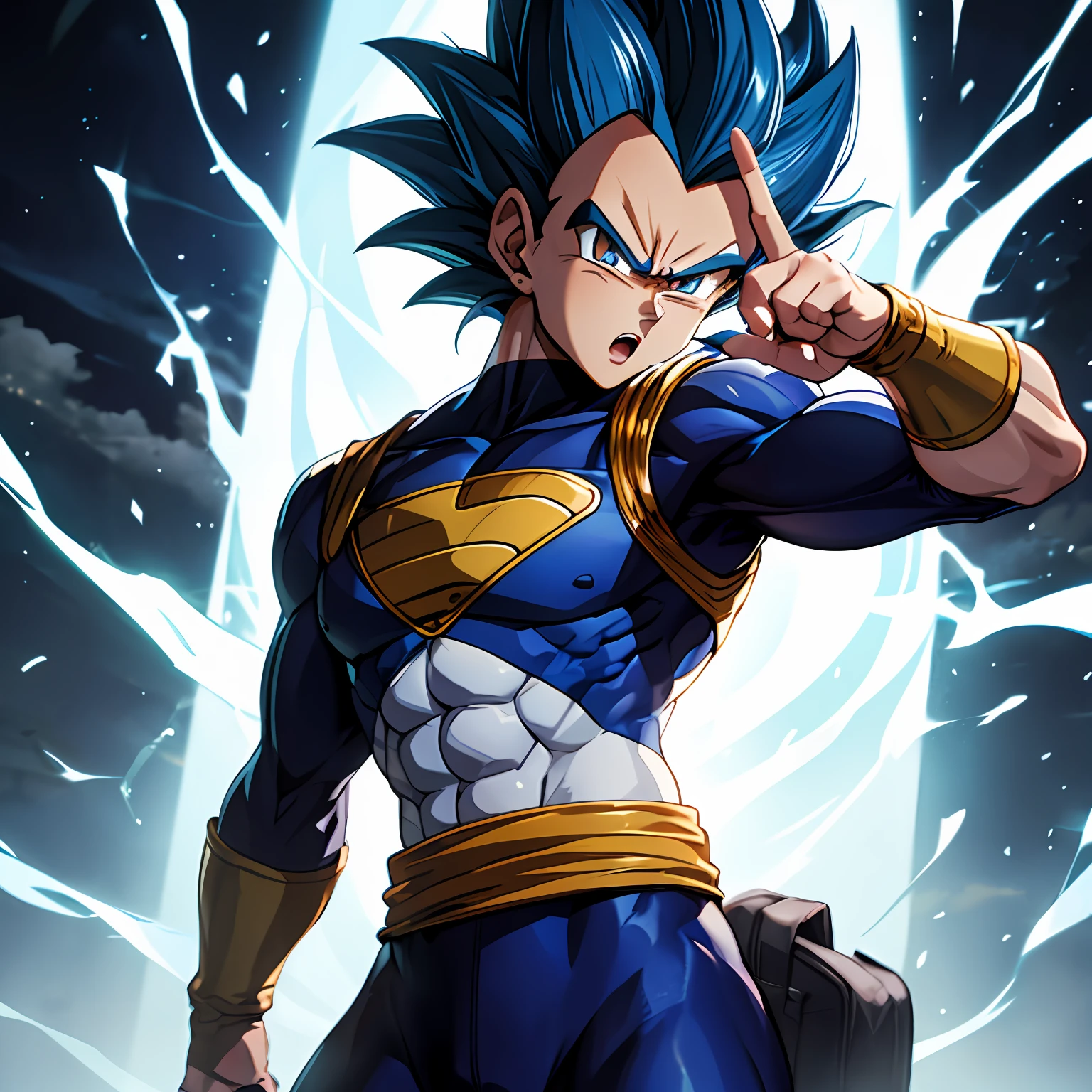 masterpiece, best quality, Vegeta super Saiyan blue, blue hair  Blue Lightning Point one's finger at oneself