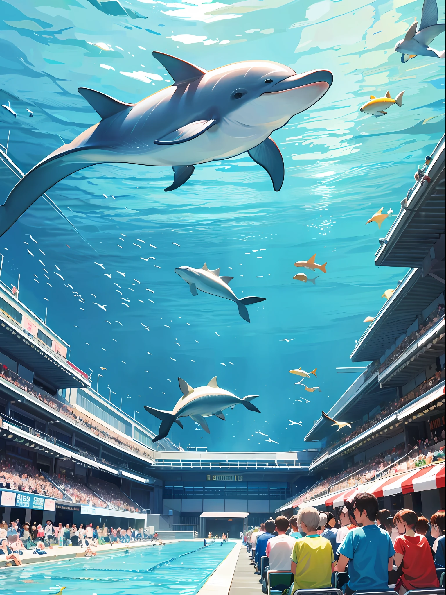 A dolphin jump show is held in front of a large audience at Kyoto Aquarium。 There are 3 dolphins and 2 instructors。 --auto