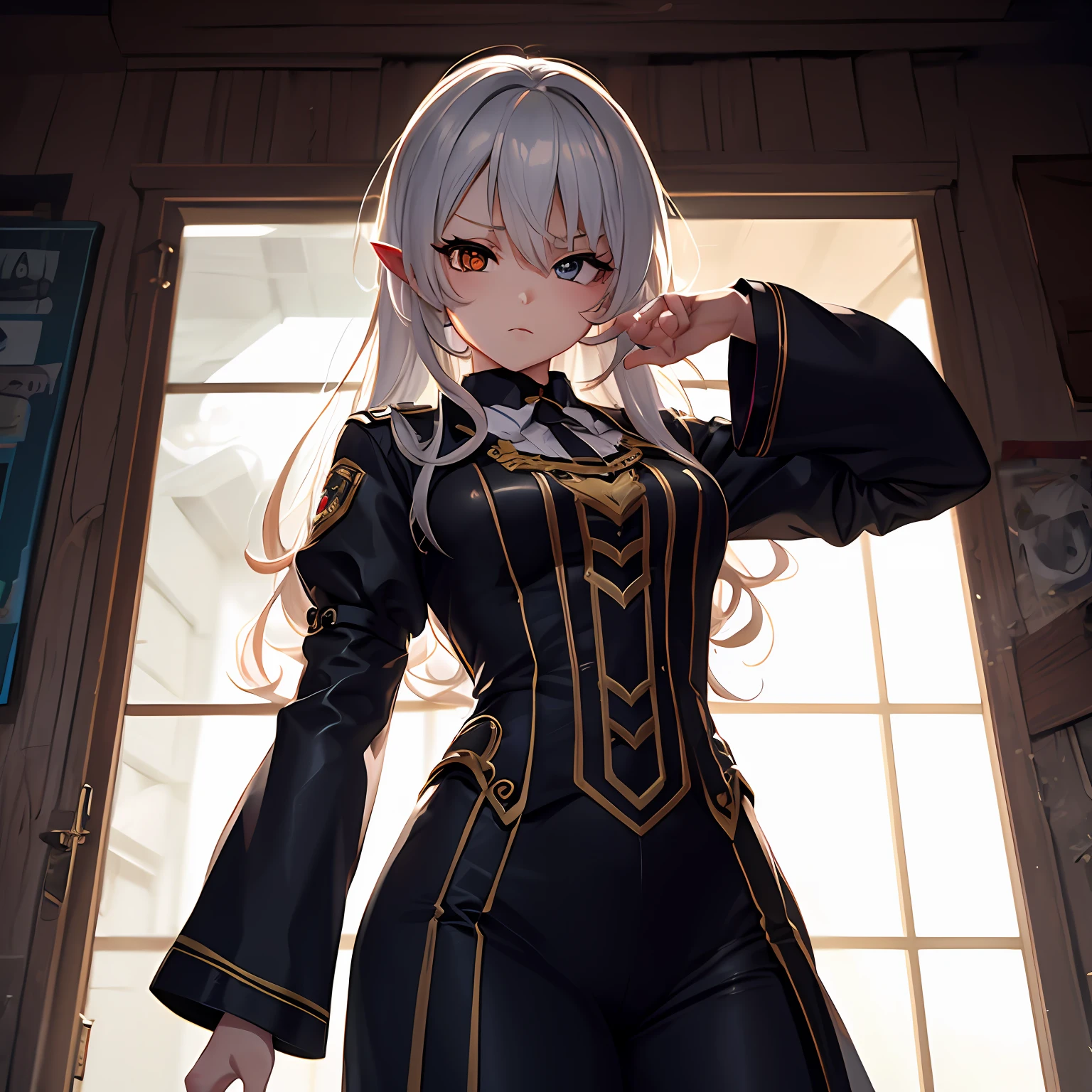 --2d anime --Anime --Primeiro trabalho --anime premiado, --Garota elfa (((--Heterocromia))) --Long white hair --Dynamic seductive pose --Small breasts --Small ass --Style "Loli" --Cyberpunk --Soviet uniform clothes , --Hard bass --menina russa, (((((co. Blyat))))) , --Detailed digital art --High quality 8K --Detailed Artgerm --Aesthetic perfection --Intricate details --Cinematic lighting --Lighting highlight --SSAA --Smooth rendering --No noise --Dynamic scenery Dynamic fantasy medieval Russian street --Rudeus Style.