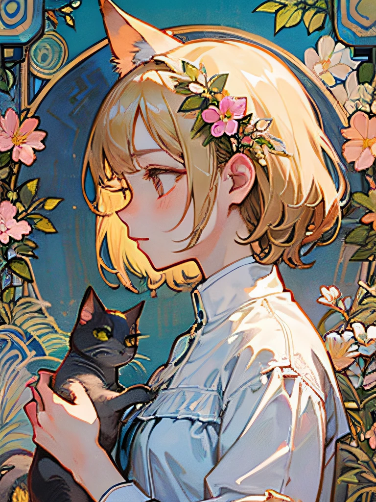 （​masterpiece、top-quality）、flowers background、Lori alone、Sentimental、white  clothes、frilld、bare-legged、Cat's ears、by mucha、a blond、profile、the whole