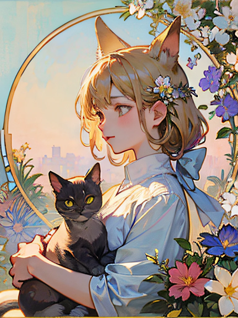 （​masterpiece、top-quality）、flowers background、Lori alone、Sentimental、white  clothes、frilld、bare-legged、Cat's ears、by mucha、a blond、profile、the whole