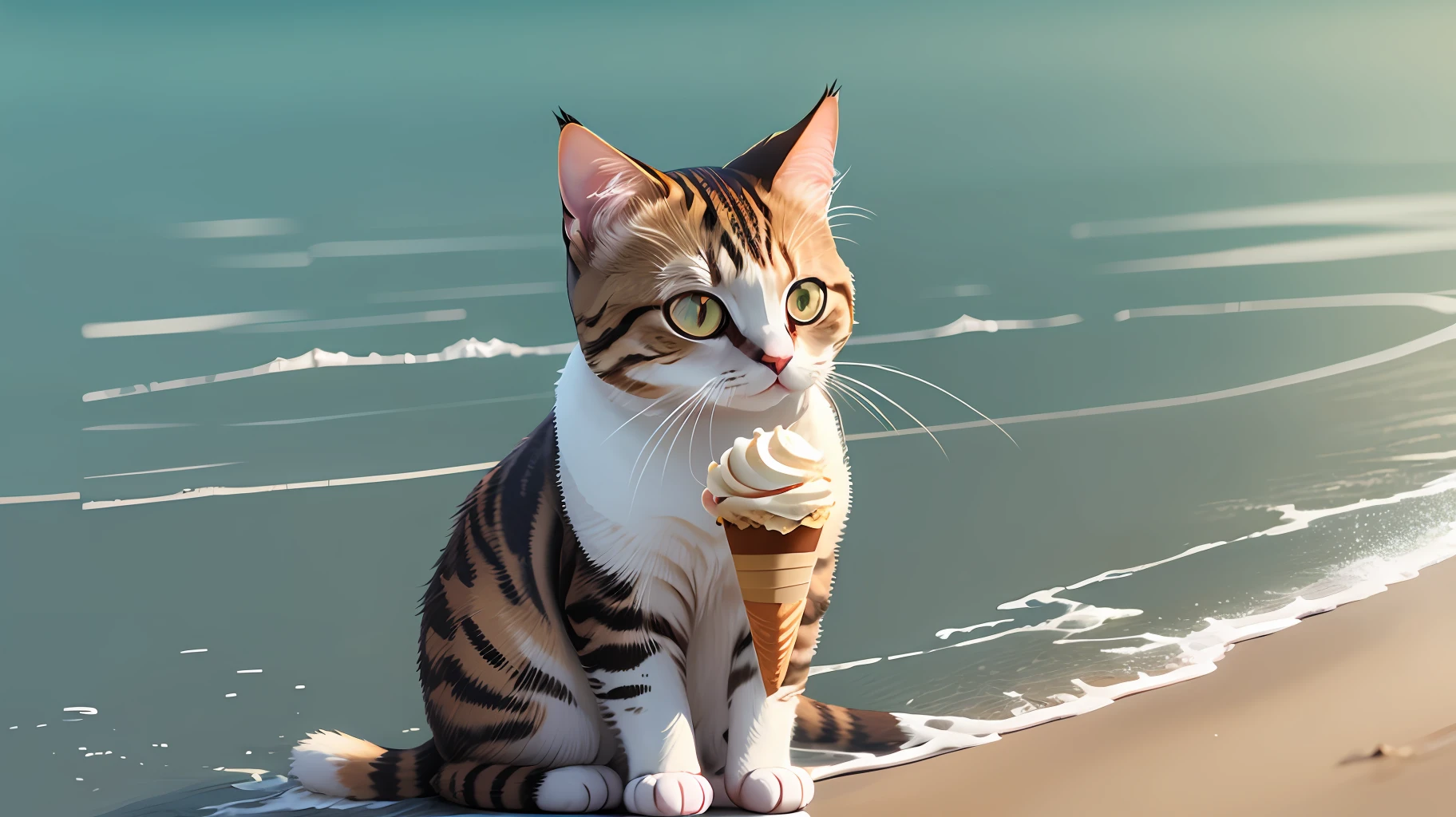 Cat holding ice cream on beach at clear summer time, vector art for t-shirt design.