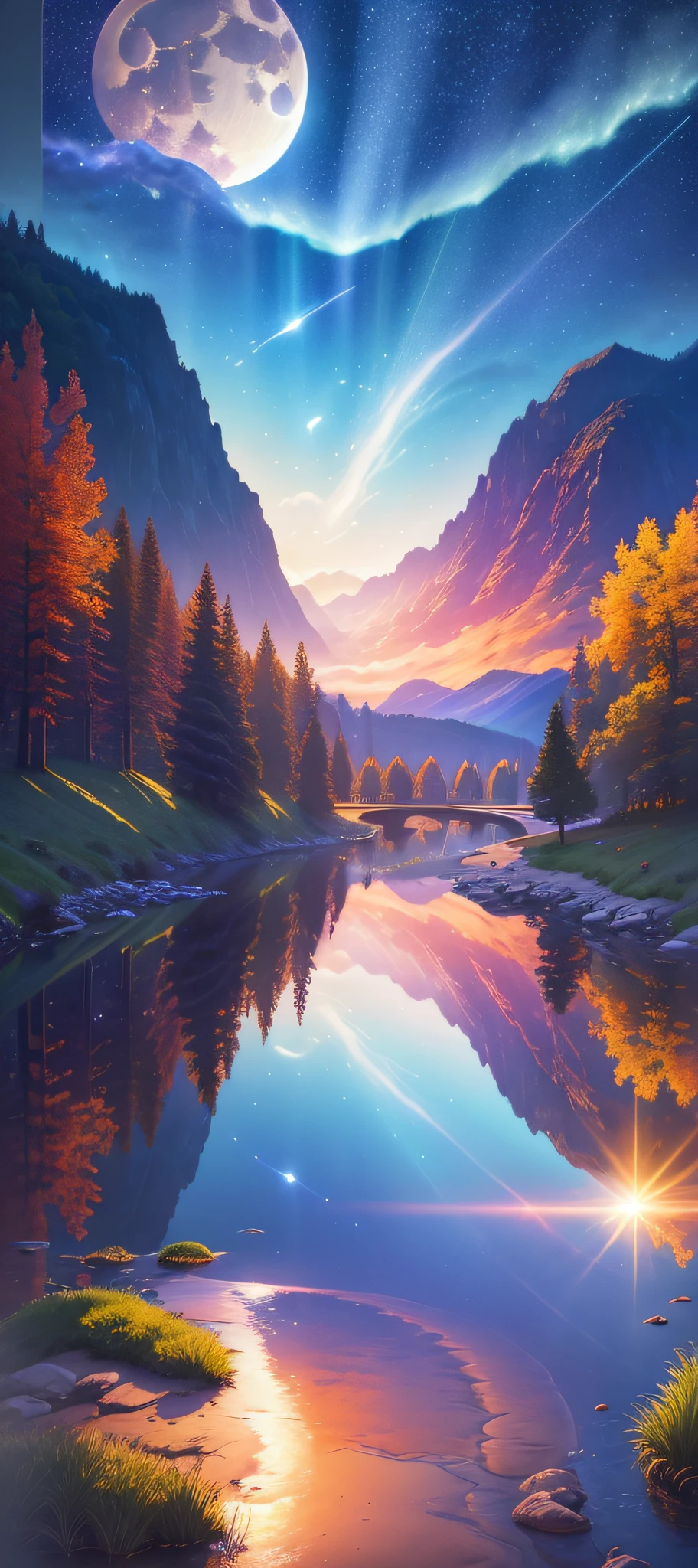 Masterpiece, 8k wallpapers, extremely detailed, best quality, high quality, landscapes. ((Colorful sky)), clouds, (((Full moon, nebula and background stars))), (high mountains), Panorama, , Detail enhancement, Detail enhancement, Flawless. Award-winning photography, Depth of field, HDR, Photorealism, Highly detailed, Intricate, High detail, Dramatic, ((color image)), ((single image)), night, realistic, ((vivid colors)), ((light rays, rays)), mini river, image reflecting in water,