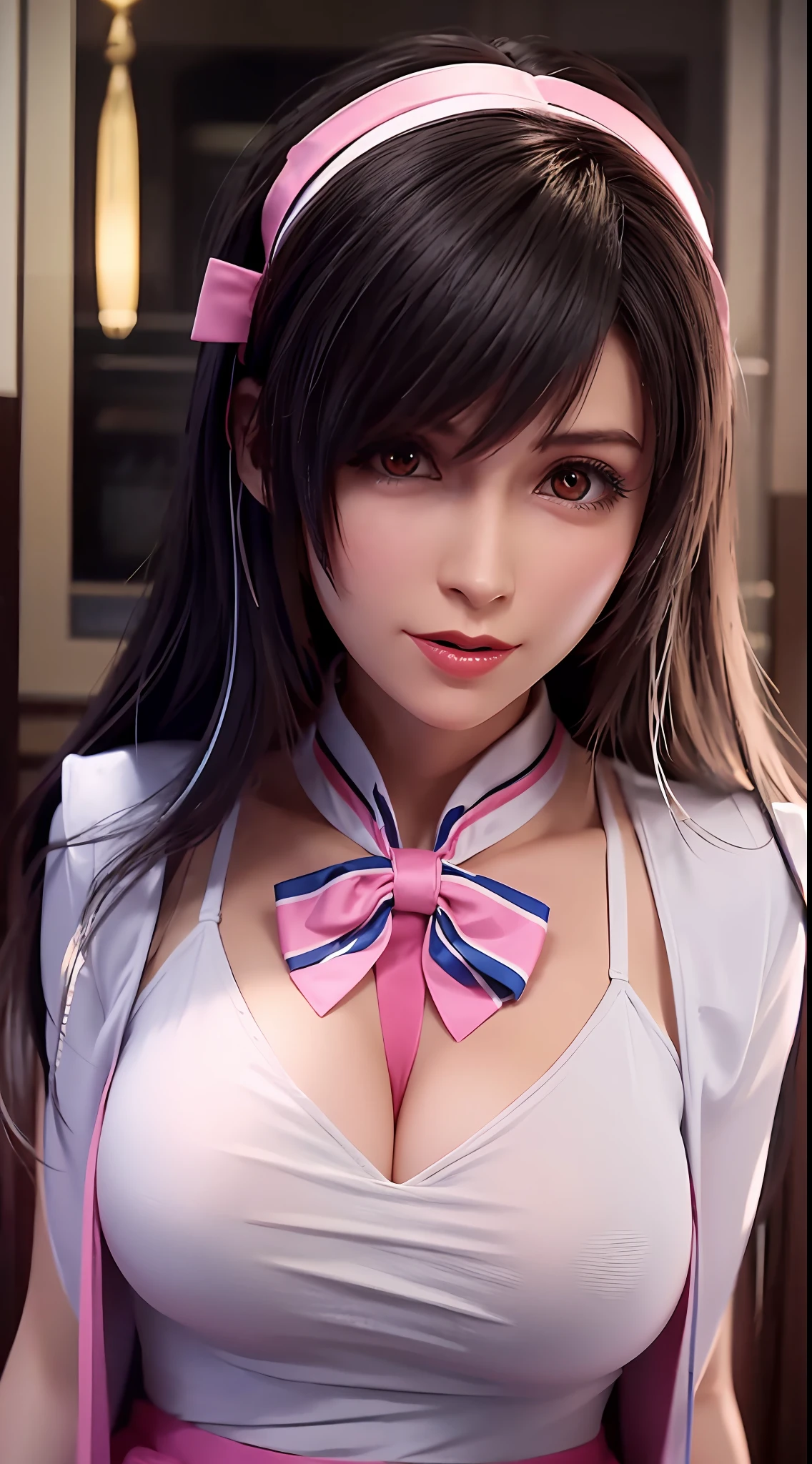 (Dark scene,gentlesoftlighting,high saturated):1.4,Vivid lighting,enchanting elegance,The depth of the atmosphere,Superb technique,Manifestations of naturalism,Harmonious composition,Creative refinement,striking juxtapositions, 1girll,age 22,JK suit,White color blouse,Pink bow,neck bowtie,Pink skirt ,((the sunset)),volume fog,exteriors,Larger breasts。