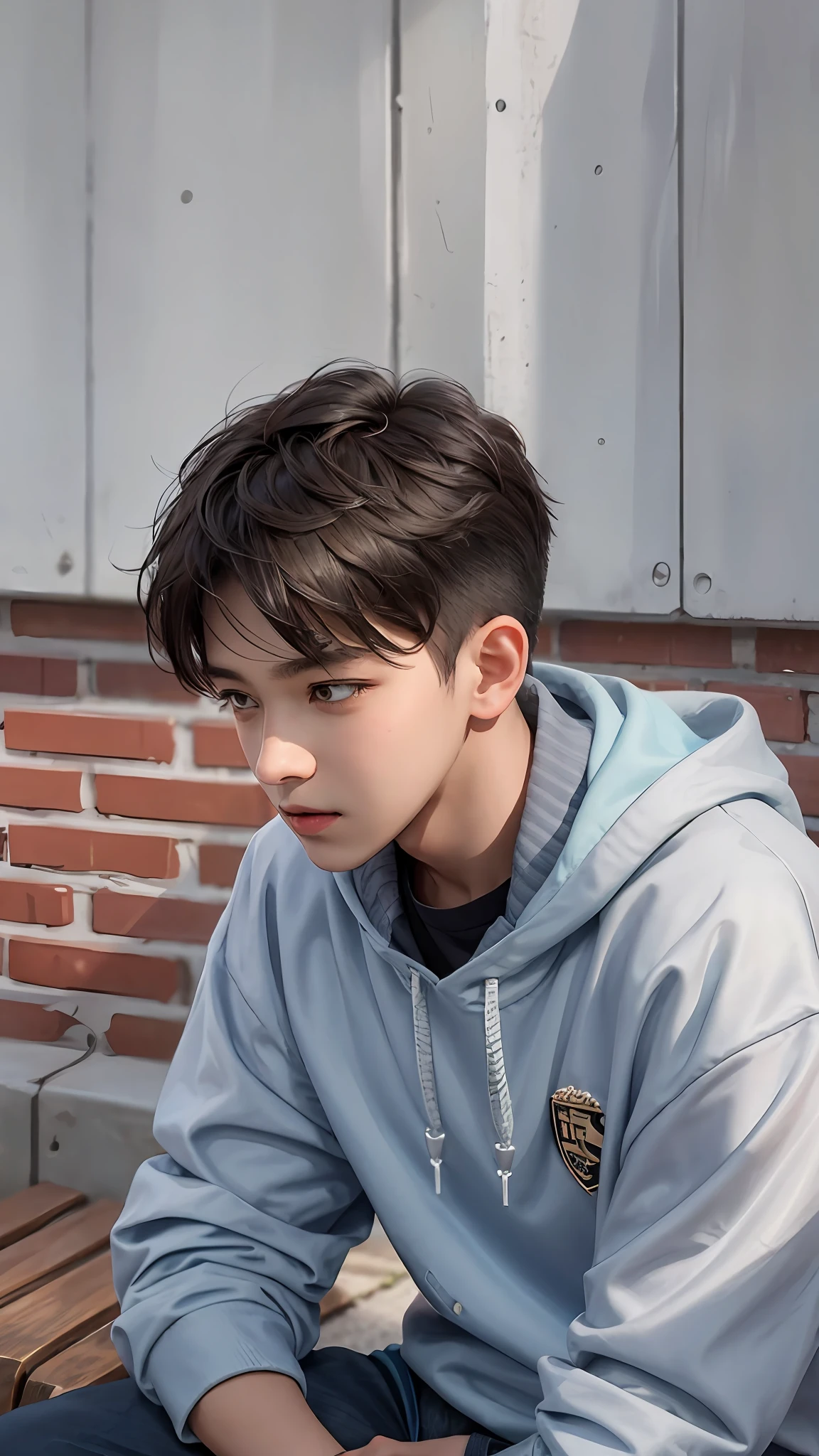 boy sitting on a bench using a cell phone with a brick wall behind him, potrait, young boy, age boy, teen, by Abidin Dino, close up potrait, profile shot, realism artstyle, cute boy, realism art, panting, ismail, male teenageryyan, portrait picture, profile pic, protrait