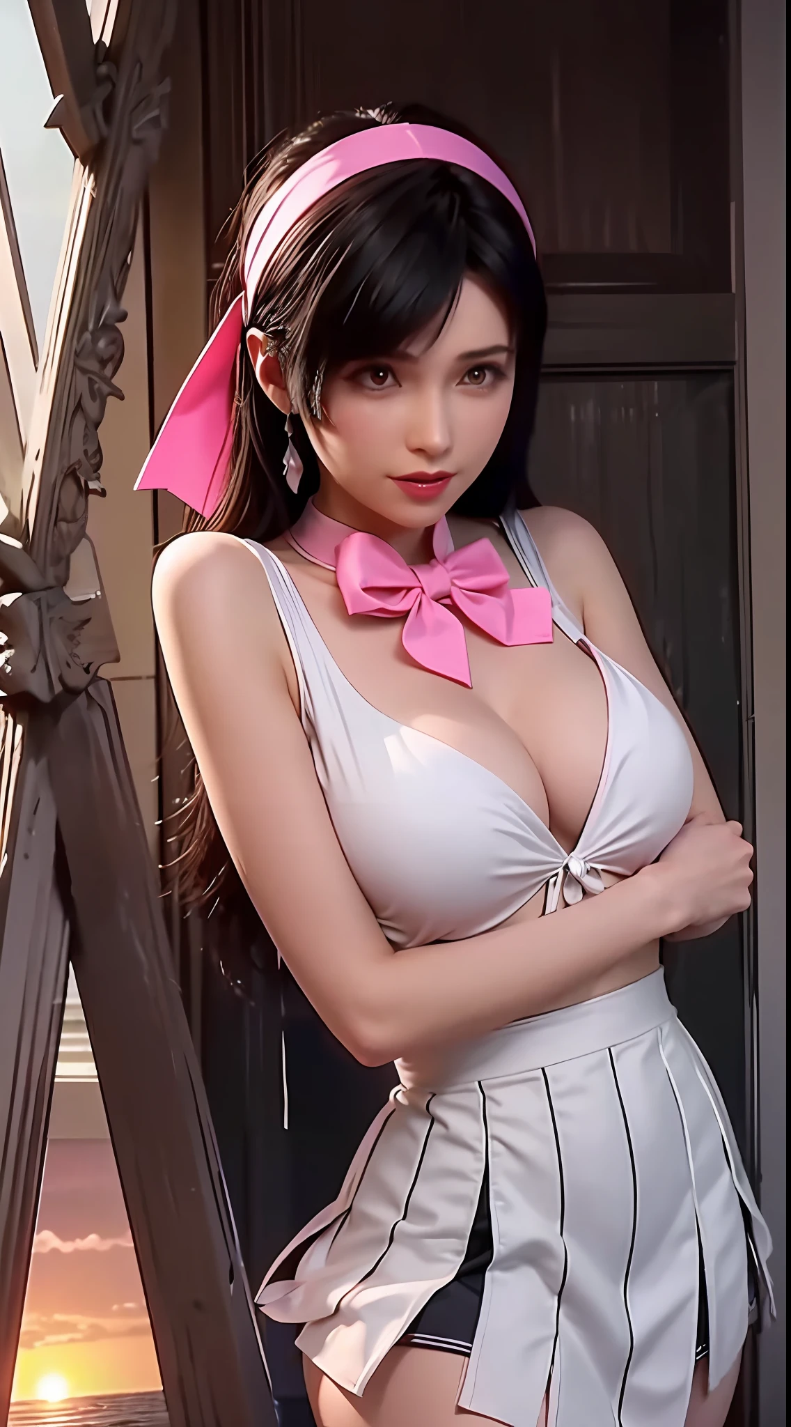 (Dark scene,gentlesoftlighting,high saturated):1.4,Vivid lighting,enchanting elegance,The depth of the atmosphere,Superb technique,Manifestations of naturalism,Harmonious composition,Creative refinement,striking juxtapositions, 1girll,age 22,JK suit,White color blouse,Pink bow,neck bowtie,Pink skirt ,((the sunset)),volume fog,exteriors,Larger breasts。