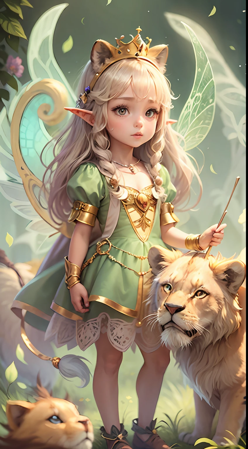 Fairy tale picture book，Cute little princess and her little animals，Little lion，the elf，Transparent wings，Dreamy，high qulity，16K resolution，（best qualtiy），（tmasterpiece），super-fine，Detailed pubic hair，Accurate