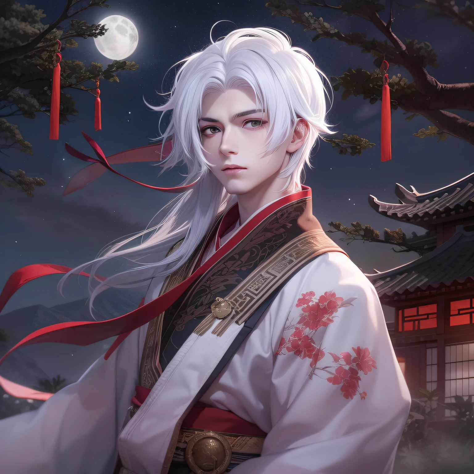 The boy with white hair，short detailed hair，Assassin attire，the night，themoon，starrysky，Chinese Ancient Architecture，Stand on the roof，The red scarf flutters，电影灯光，Moon background