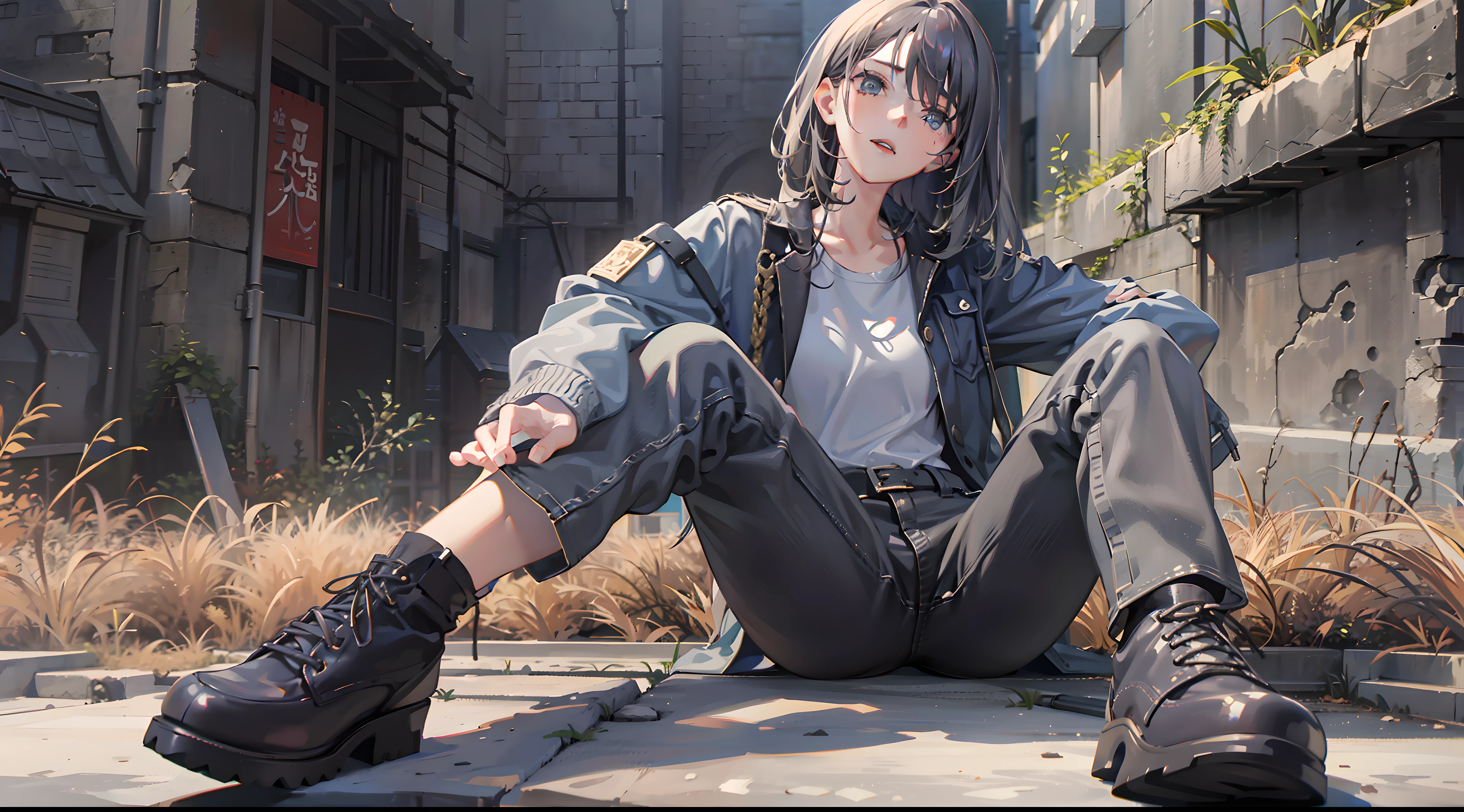 Woman sitting on chair in black top and jeans, Baggy pants, dressed with long fluent clothes, wearing a long flowy fabric, casual clothing style、 wearing a baggy, multilayered outfit, Silver and muted colors, Relaxed style, grey Clothes, Pants, baggy, Gray skin. grunge, Styling、Ruins、Buildings eroded by vegetation,hi-school girl、military outfits, guweiz and makoto shinkai, realistic anime 3 d style, Kyoto Animation Style