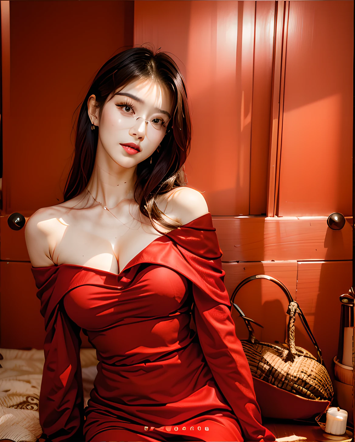 a close up of a woman in a red dress posing for a picture, gorgeous young korean woman, beautiful south korean woman, sexy red dress, korean women's fashion model, 2 4 year old female model, gorgeous chinese model, open v chest clothes, sexy dress, gorgeous lady, wearing red dress, beautiful young korean woman, korean girl, instagram model, wearing thick reading glasses'