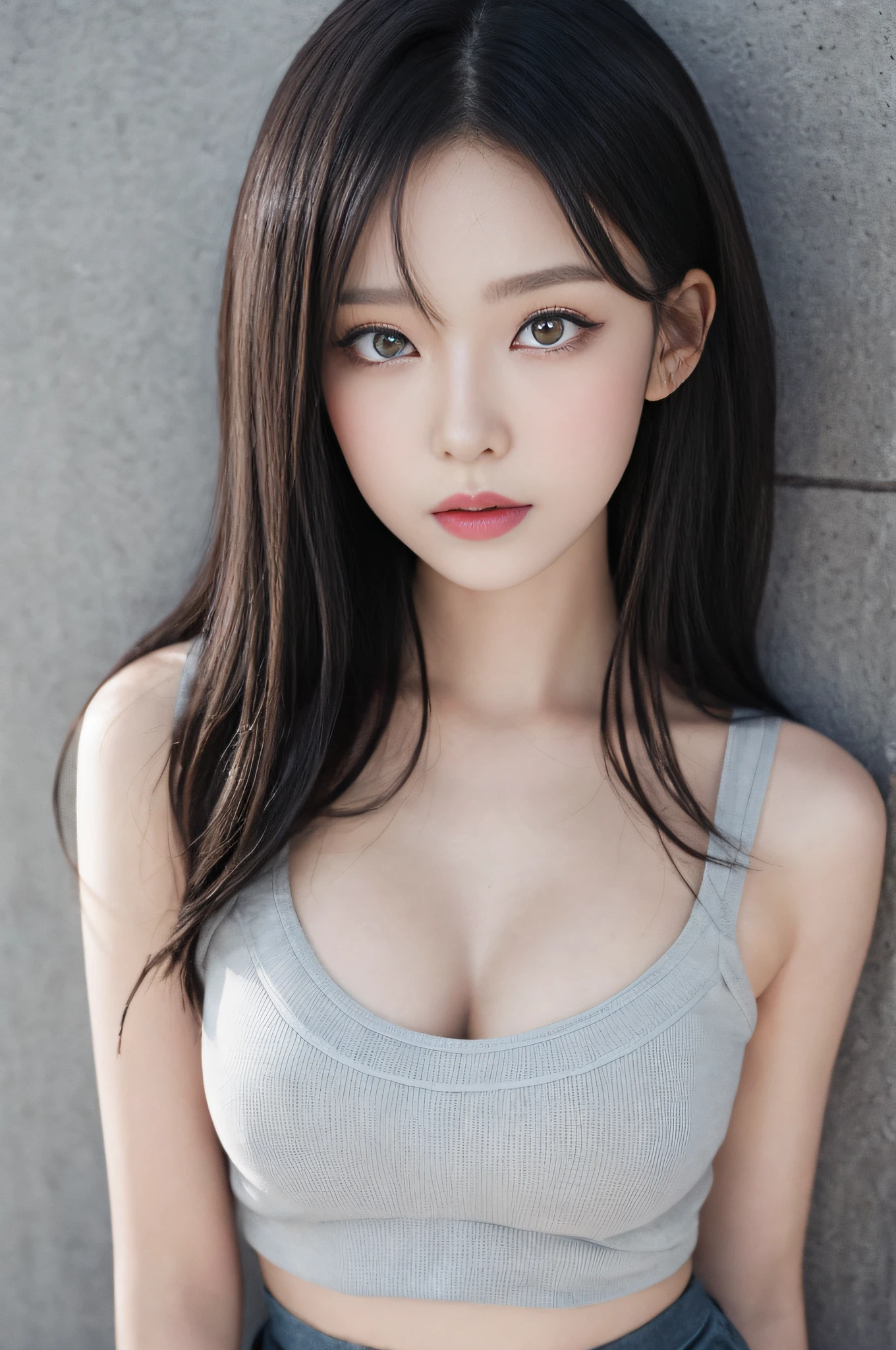 Top image quality、Raw photography、超A high resolution、18 year old cute Korean、Shooting for one person only、big round chest、Camisole、skirt by the、Shiny hair、Beautiful Eyes of Details、very elongated eyes、Beautiful eyelashes、Beautiful double eyelids、eyeshadows、耳Nipple Ring、close-up shooting、Model shooting for magazines、Fashion catalog shooting、Wall on grey background