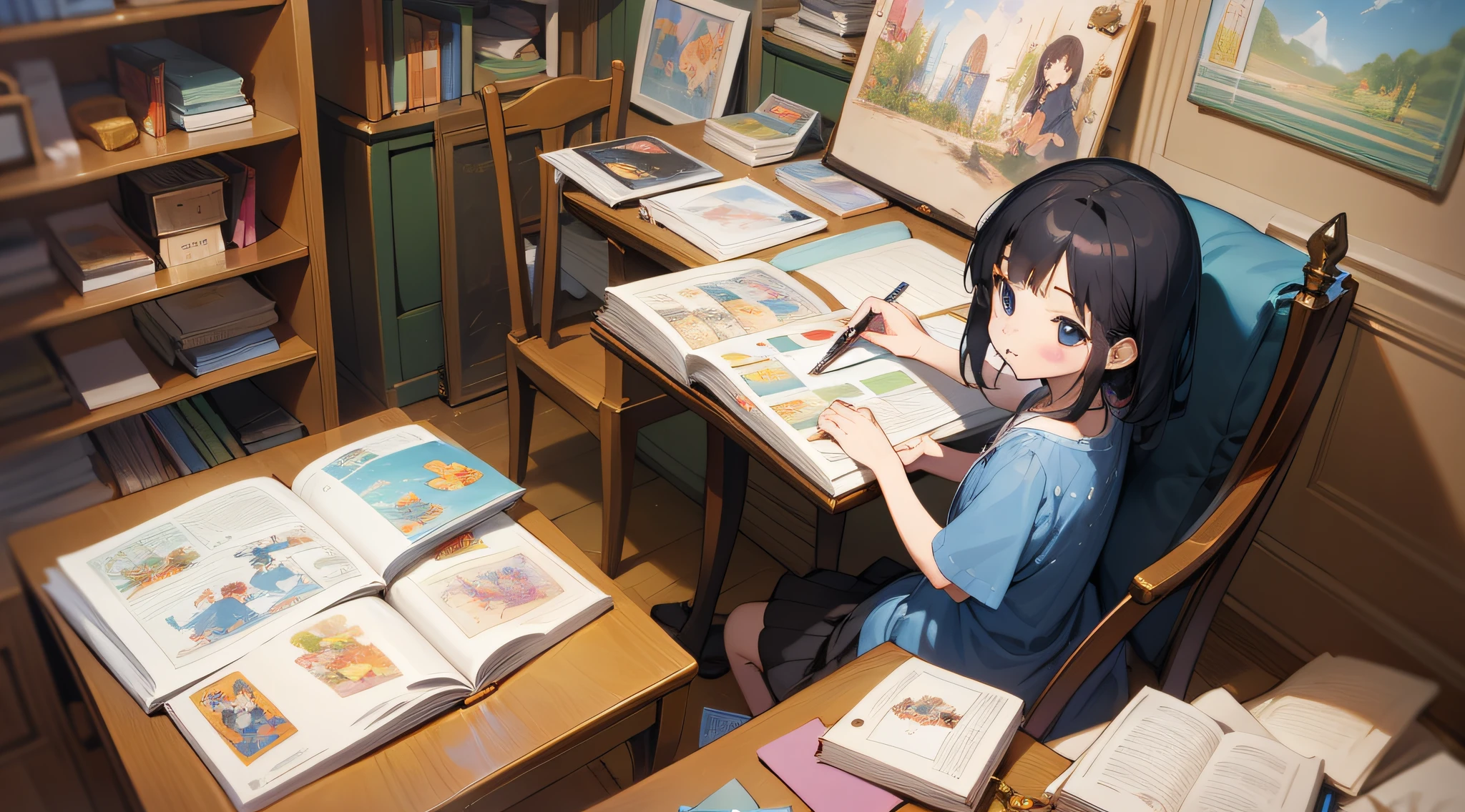 There is a picture book writer who sits on a chair and draws illustrations for children's books、