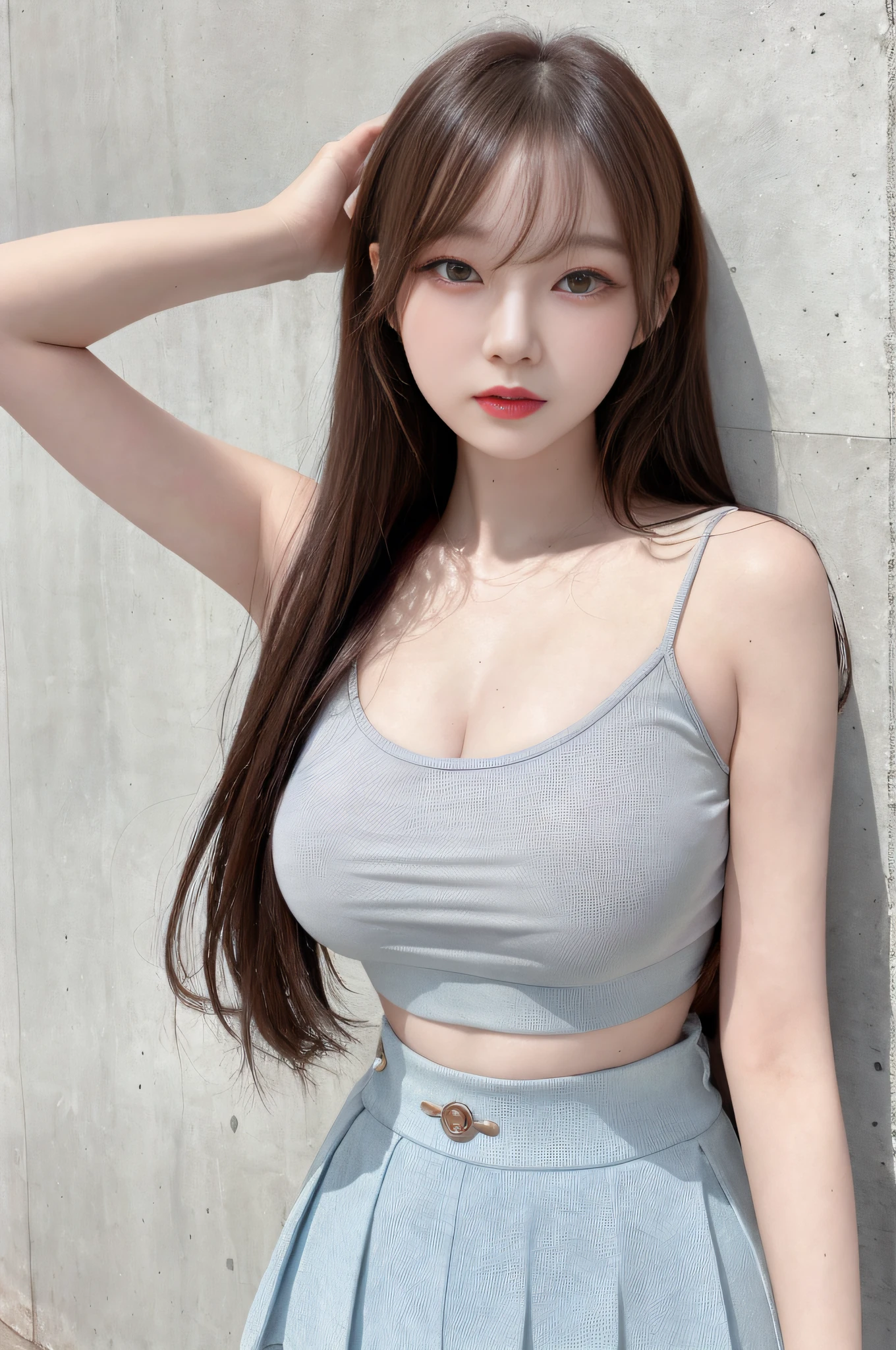 Top image quality、Raw photography、超A high resolution、18 year old cute Korean、Shooting for one person only、very large round breasts、Camisole、skirt by the、Shiny hair、Beautiful Eyes of Details、very elongated eyes、Beautiful eyelashes、Beautiful double eyelids、eyeshadows、耳Nipple Ring、close-up shooting、Model shooting for magazines、Fashion catalog shooting、Wall on grey background