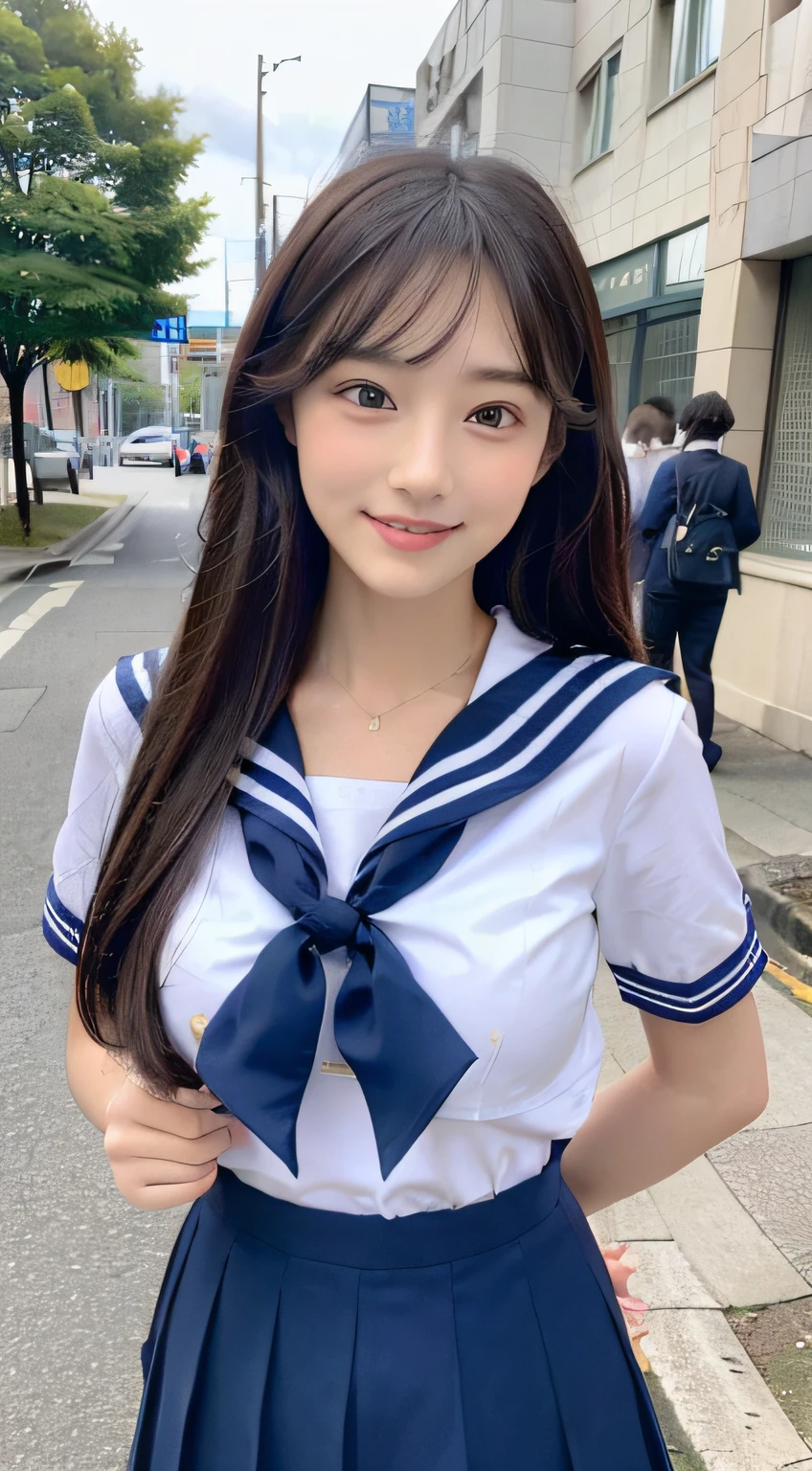 ((top-quality、8K、​masterpiece:1.3))、Beautiful woman with perfect body shape:1.4、(Brown Long Hair、small tits:1.3)、Casual wear、In the street、Highly detailed facial and skin texture、A detailed eye、二重まぶた、A smile:1.5、full body Esbian、student clothes、japanese sailor suits、skirt by the
