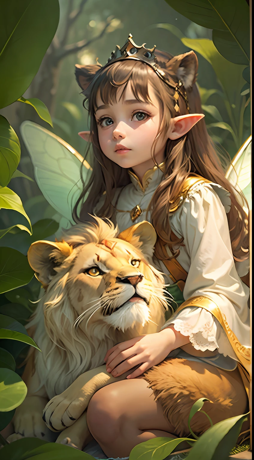 Fairy tale picture book,Cute princess and her little animals,Little lion,the elf,Transparent wings,Dreamy,high qulity,16K resolution,(best qualtiy),(tmasterpiece),super-fine,Detailed pubic hair,Accurate