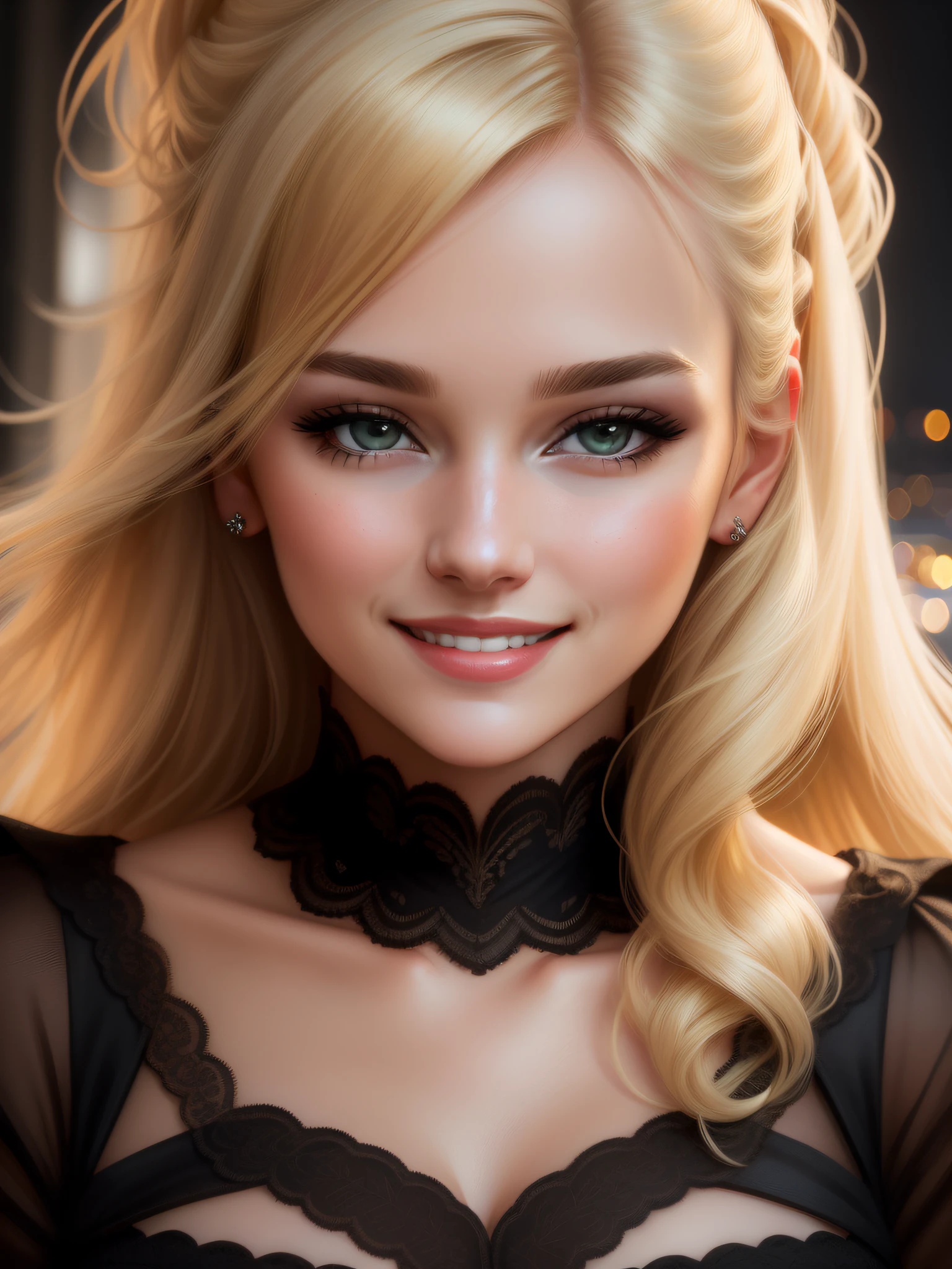 face portrait photo of 24 y.o woman, wearing black dress, beautiful face, smile, blonde, cinematic shot, dark shot, dramatic lighting (in realistic vision), dimples, skin pores. intricate, insanely detailed, photo realistic, dslr, 8k