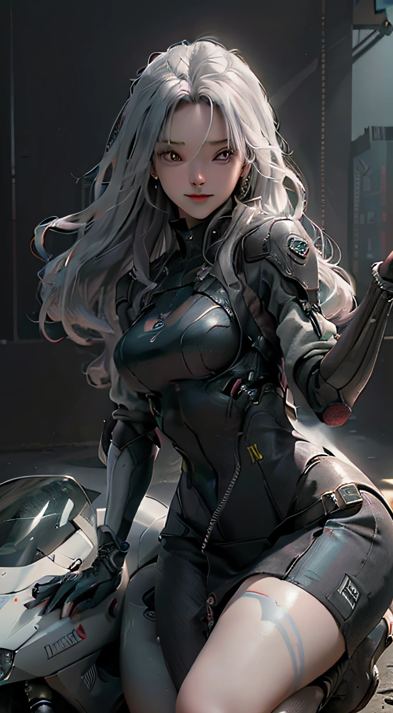 ((Best Quality)), ((Masterpiece)), (Detail: 1.4), 3D, A Beautiful Cyberpunk Female Figure, HDR (High Dynamic Range), Ray Tracing, NVIDIA RTX, Super-Resolution, Unreal 5, Subsurface Scattering, PBR Texture, Gray Hair, Incredibly Long Hair, Smile, Look Over, Sitting on a Motorcycle, Post-Processing, Anisotropic Filtering, Depth of Field, Maximum Clarity and Clarity, Multi-layered Texture , Albedo and Specular Mapping, Surface Coloring, Accurate Simulation of Light-Material Interactions, Perfect Proportions, Octane Render, Bicolor Light, Large Aperture, Low ISO, White Balance, Rule of Thirds, 8K RAW,