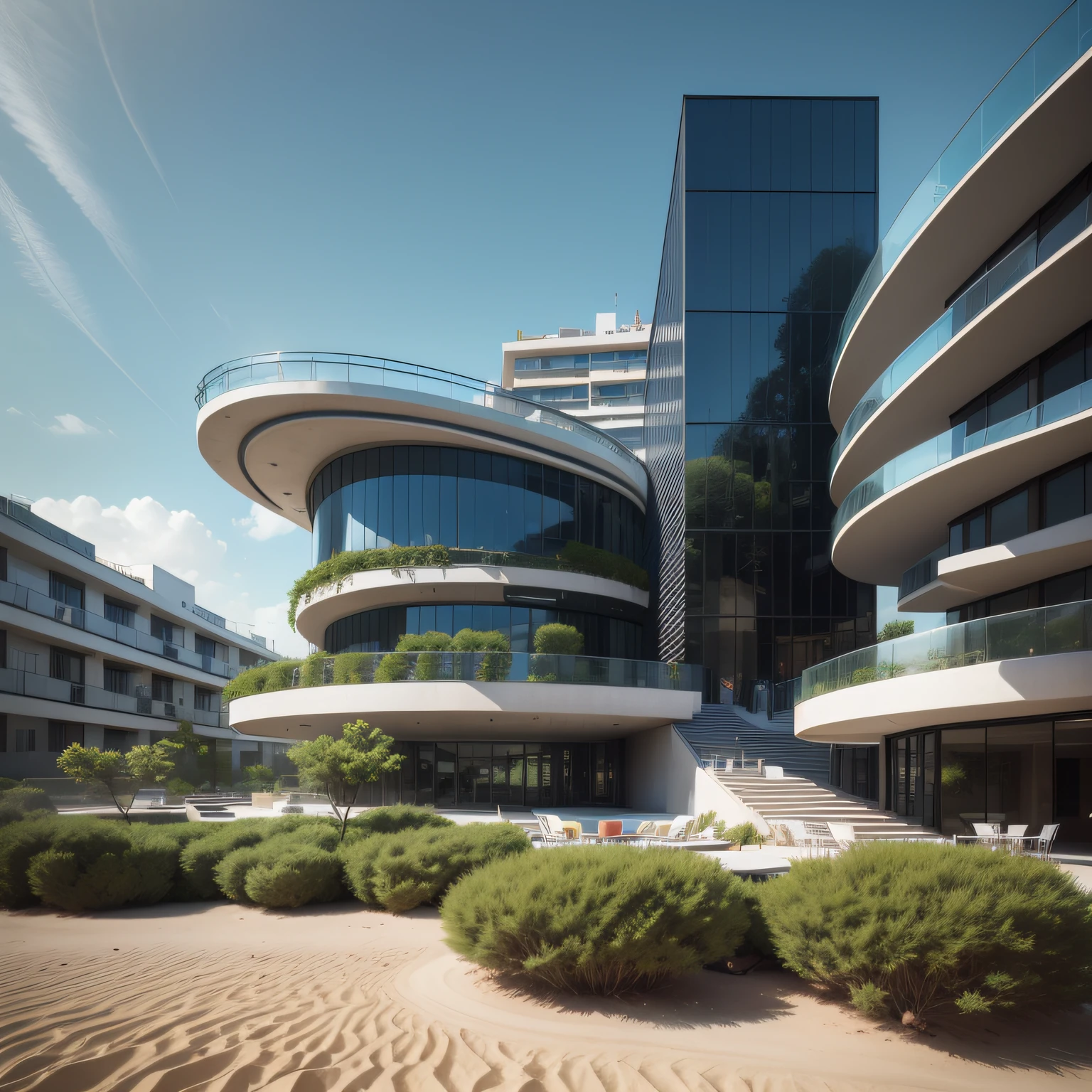 Grande hotel, Arquitetura futurista, building in the background, Architecture of a dark gray concrete building, madeira e vidro, Building with large lawn on the beach, Arquitetura moderna, grande piscina em frente ao hotel, restaurante interior com grandes fachadas em vidro, grandes candeeiros no interior, lots of vegetation around, hotel  com 120 quartos, Arquitetura moderna, organic architecture, Geometria luxuosa, hiper-realista, Fantastic 8K architecture, UHD — AR 16: