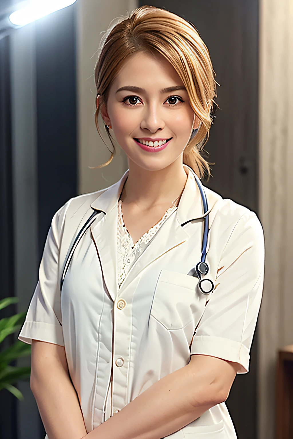 shopping mall, blonde hair, short fringe hair, brown eyes, 1girl, doctor, Stethoscope on neck, smile, innocent, 100mm lens, (photorealistic), look at viewer, as doctor, (intricate details:1.2),(masterpiece, :1.3),(best quality:1.4), (ultra highres:1.2), ultra high res, (detailed eyes), (detailed facial features), HDR, 8k resolution, (Stethoscope), far view, reflections on floor, (lens flare:1.4)