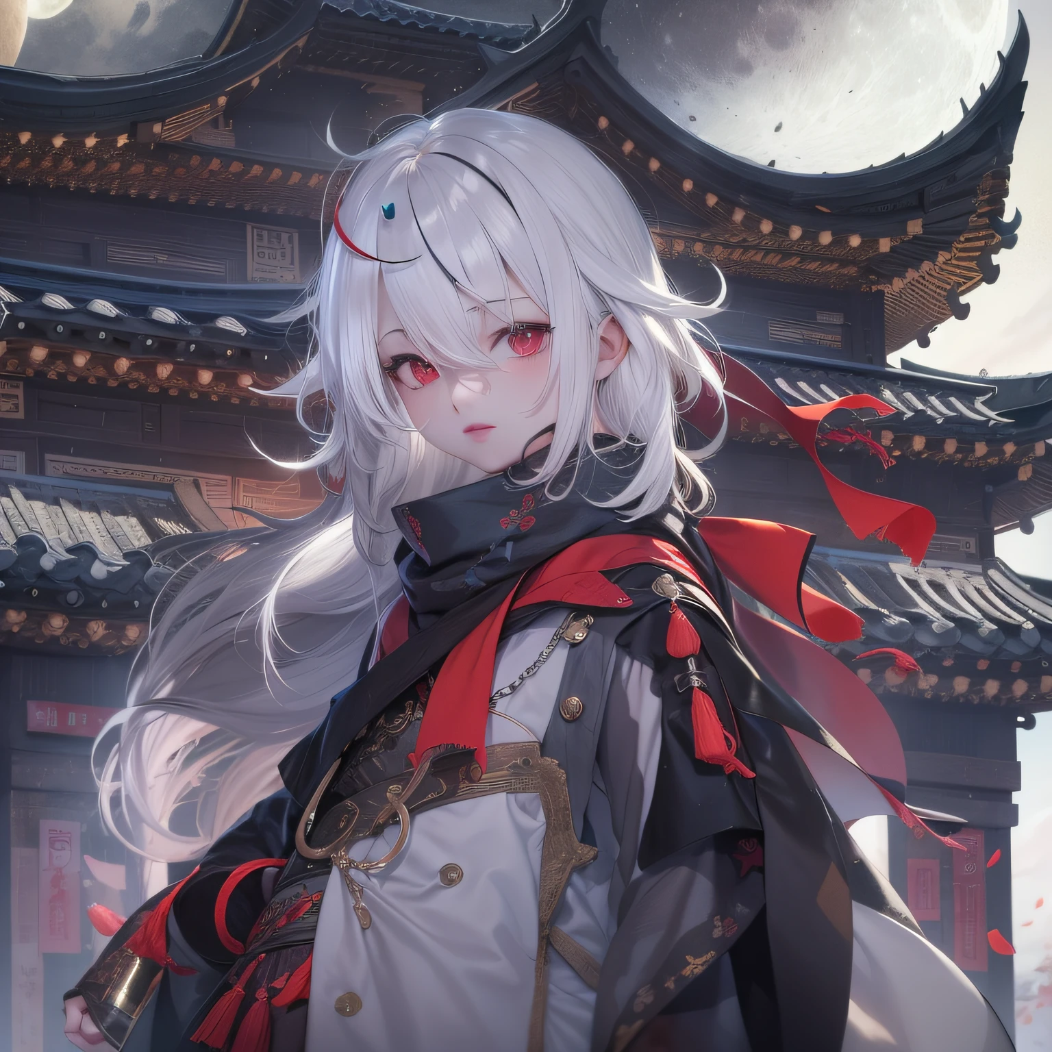 The boy with white hair，short detailed hair，Assassin attire，Black night coat，the night，themoon，starrysky，Chinese Ancient Architecture，Stand on the roof，The red scarf flutters，电影灯光，lunar backdrop