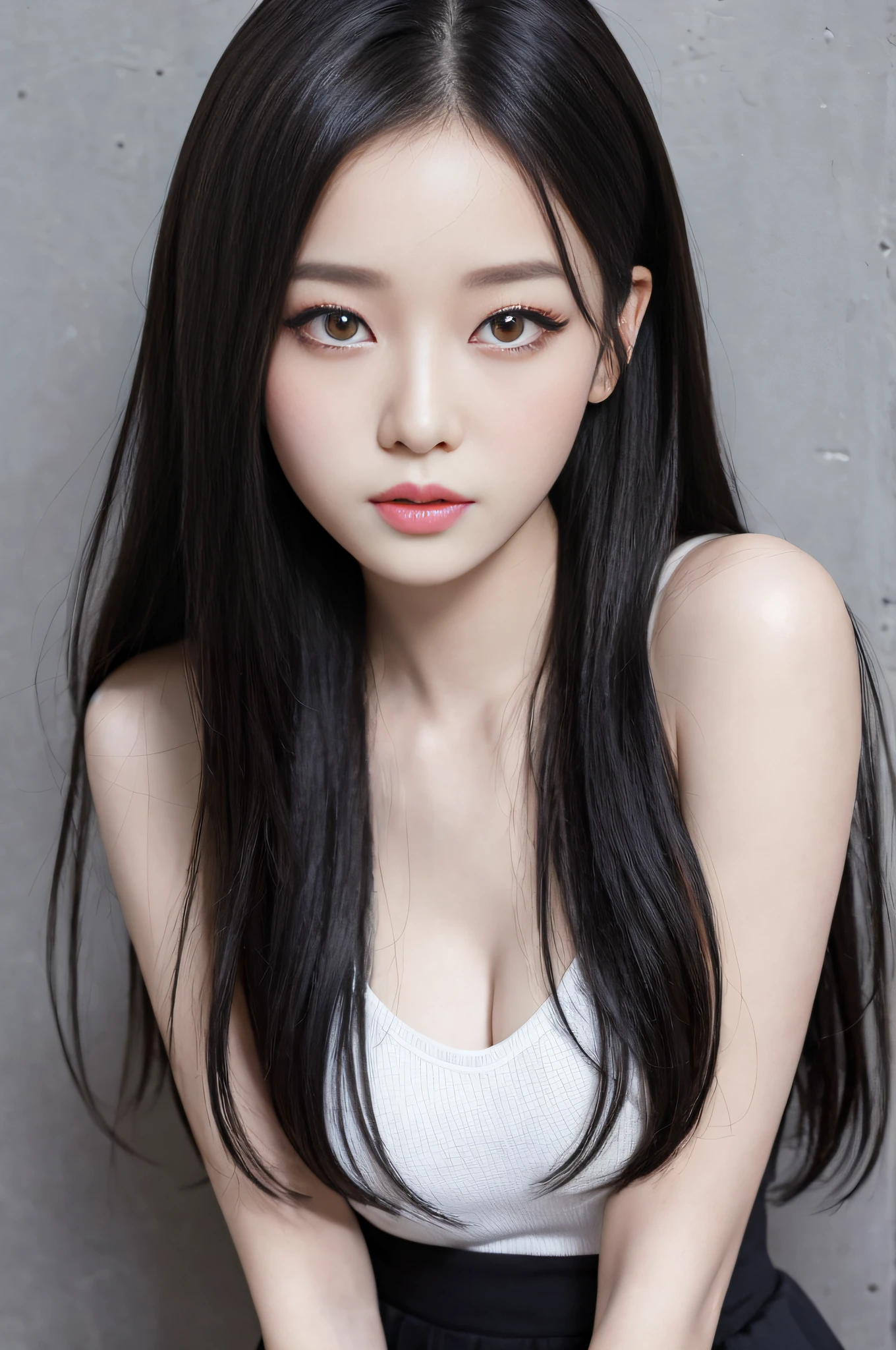 Top image quality、Raw photography、超A high resolution、18 year old cute Korean、Shooting for one person only、very large round breasts、Camisole、skirt by the、Shiny hair、Beautiful Eyes of Details、very elongated eyes、Beautiful eyelashes、Beautiful double eyelids、eyeshadows、耳Nipple Ring、close-up shooting、Model shooting for magazines、Fashion catalog shooting、Wall on grey background