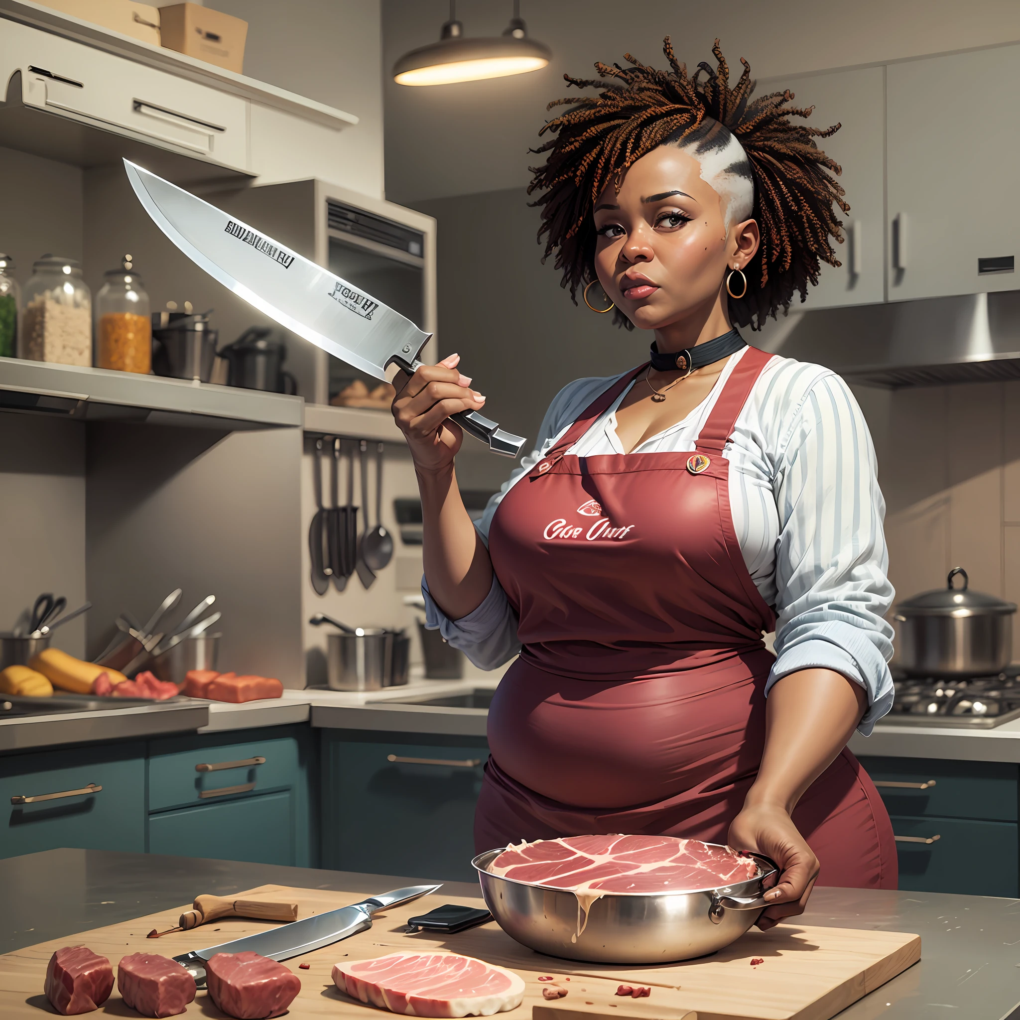 fat mature african woman as a butcher, hold a meat knife, in the kitchen, neon style, cartoon style,gta 5 style --auto --s2