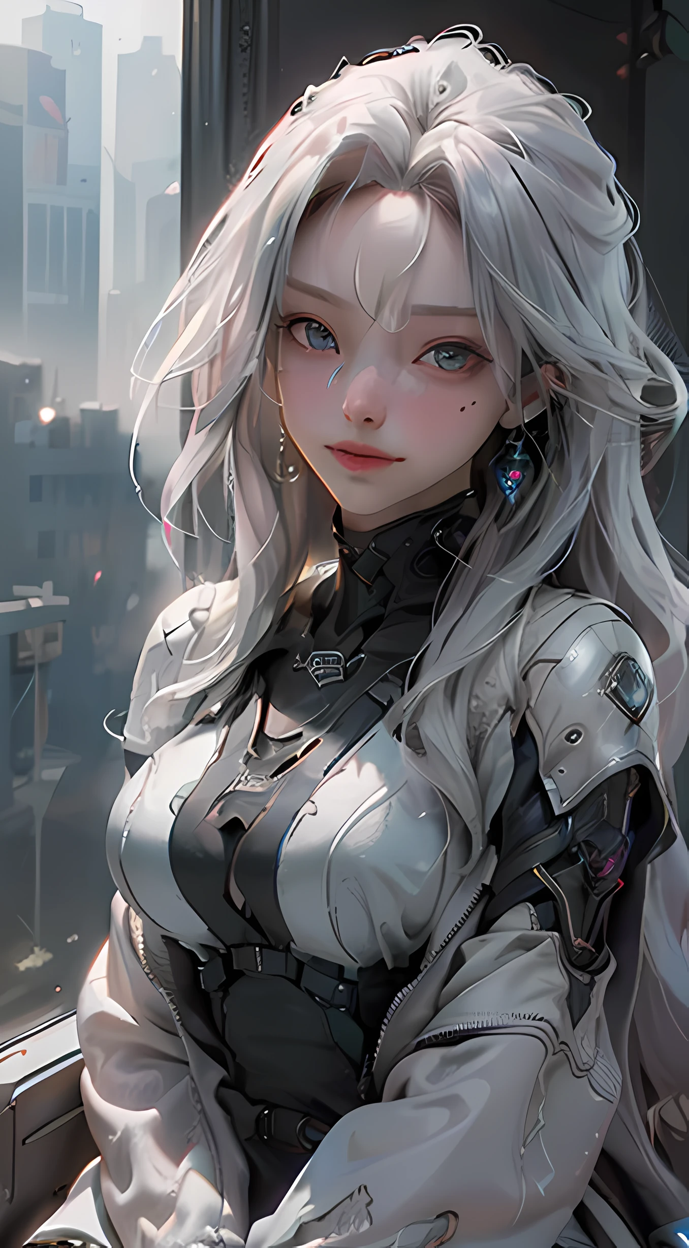 ((Best Quality)), ((Masterpiece)), (Detail: 1.4), 3D, A Beautiful Cyberpunk Female Figure, HDR (High Dynamic Range), Ray Tracing, NVIDIA RTX, Super-Resolution, Unreal 5, Subsurface Scattering, PBR Texture, Gray Hair, Incredibly Long Hair, Smile, Look Over, Sitting on a Motorcycle, Post-Processing, Anisotropic Filtering, Depth of Field, Maximum Clarity and Clarity, Multi-layered Texture , Albedo and Specular Mapping, Surface Coloring, Accurate Simulation of Light-Material Interactions, Perfect Proportions, Octane Render, Bicolor Light, Large Aperture, Low ISO, White Balance, Rule of Thirds, 8K RAW,