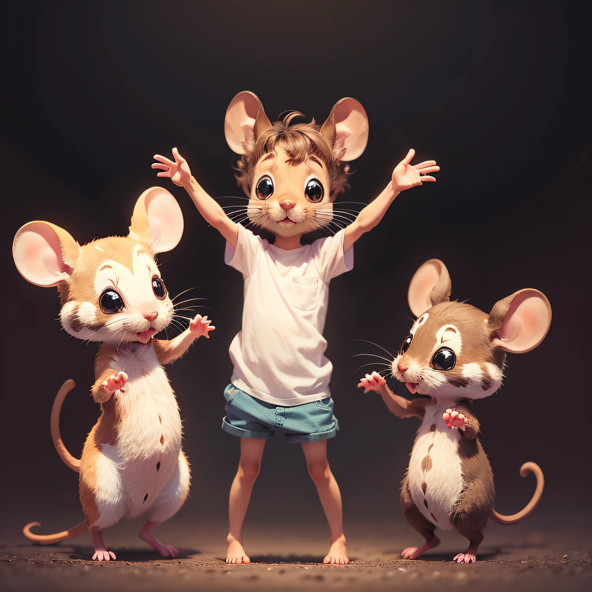 a small, brown playful mouse, happy mouse, black eyes and a pink nose, excited mouse, open arms, looking up (side view).