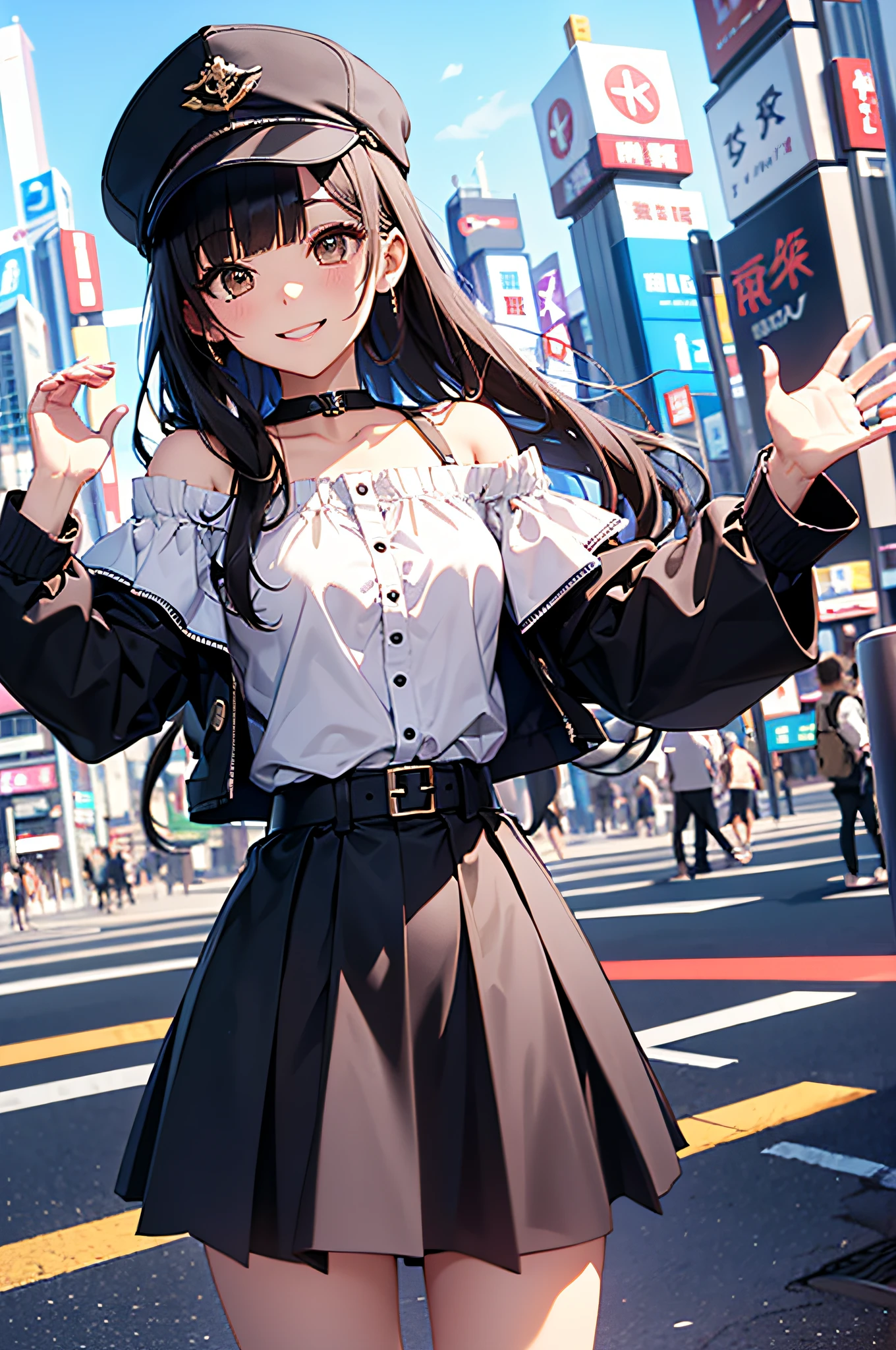 (top-quality、in 8K、32K、​masterpiece、nffsw、ighly detailed:1.2)、cowboy  shot, (blue open sky、Shinjuku、In front of the station:1.4)、beautiful shadow、beauitful face、blurry backround、16-year-old beautiful girl、shinny skin, Beautiful black hair、Blunt bangs、 Katyusha、side poneyTail、Brown eyes、off shoulder blouse、pleatedskirt、long boots、miscievous smile、Raising arms、jamping、hip-hop cap、