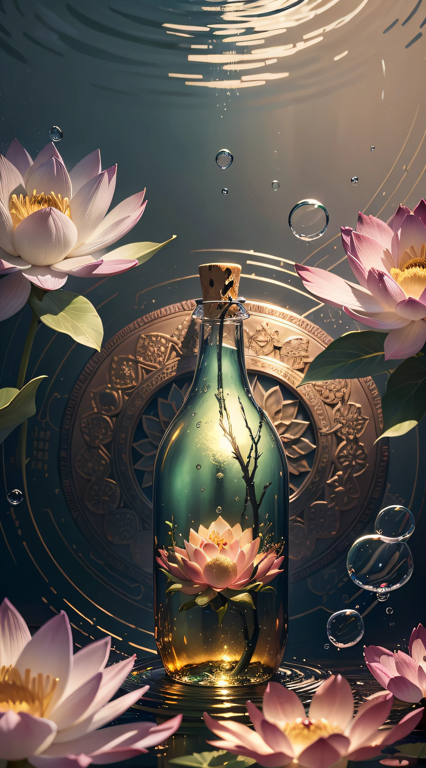 （(A big bottle in the center )）,(((masterpiece))), (((best quality))), ((ultra-detailed)),((an extremely delicate)),((a lot bubbles)),cinematic light, lotus flowers, , water ripples，