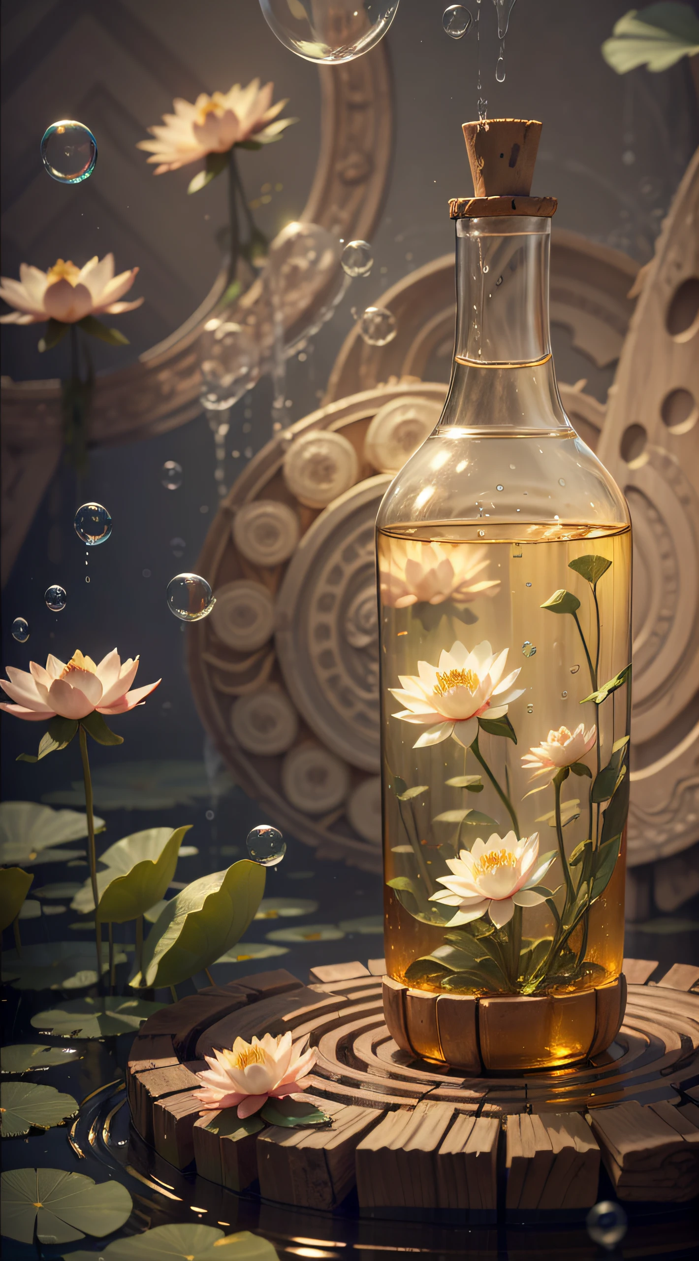 （(A big bottle in the center )）,(((masterpiece))), (((best quality))), ((ultra-detailed)),((an extremely delicate)),((a lot bubbles)),cinematic light, lotus flowers, , water ripples，