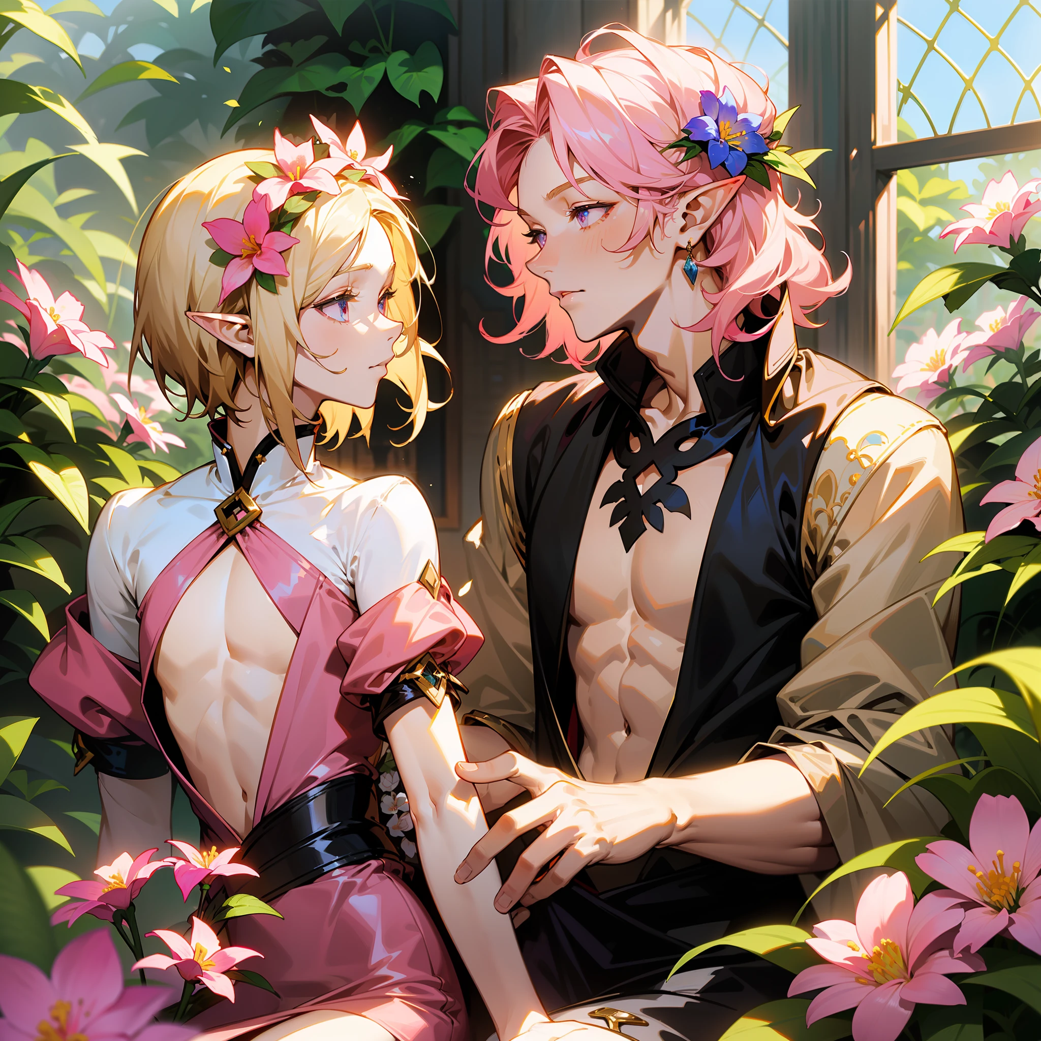 young man, twink, (((male))), (((man))), guy, (((very light blonde hair))), (((pink colored eyes))), (medium short hair), (chin-length hair), wavy hair, slim body, ((flat chest)), (((fantasy style))), (((wearing flowers in his hair))), flowercrown, ((pointy ears)), (((light pink colored eyes))), smooth skin, bare legs, revealing clothes, flowers in the background, flowers in bottles, flowers in vases, flowers in pots, inside a greenhouse with big and detailed windows, sunny weather. ((fantasy style clothes)), (kissing a taller man).