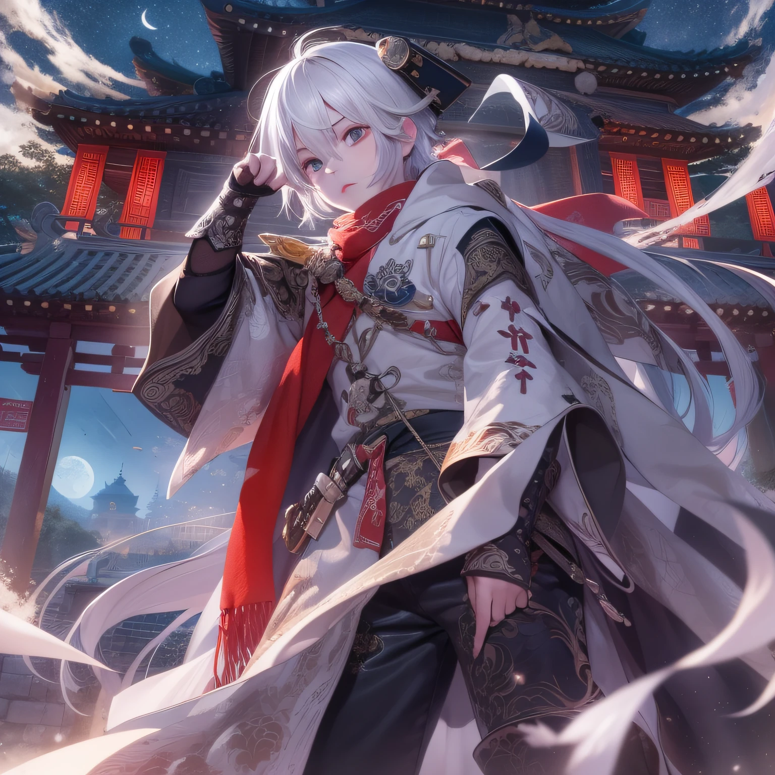 tmasterpiece,realisticlying,The boy with white hair,short detailed hair,assin attire,the night,themoon,starrysky,Chinese Ancient Architecture,Stand on the roof,The red scarf flutters,电影灯光,lunar backdrop,dynamic viewing angle,