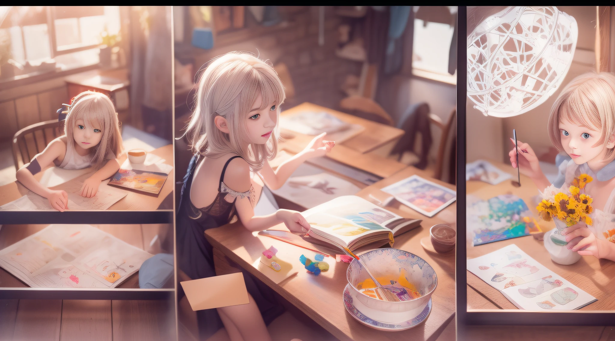 Anime character sitting at table with open book, Shot diagonally from above、childs drawing, childs drawing, Children drawing children's picture book illustrations with crepus, Shot with Canon EOA 6 D Mark II, taken with canon eos 5 d mark iv, picture book, Photo taken with Nikon D 7 5 0, Photograph Taken on Nikon D750, Illustrative storytelling, Children's painting Gwaites style artwork, guweiz on pixiv artstation, guweiz on artstation pixiv, painted in anime painter studio, kawacy, wlop and sakimichan, children's art in artstation, Smooth Anime CG Art, Detailed Digital Anime Art, artbook artwork