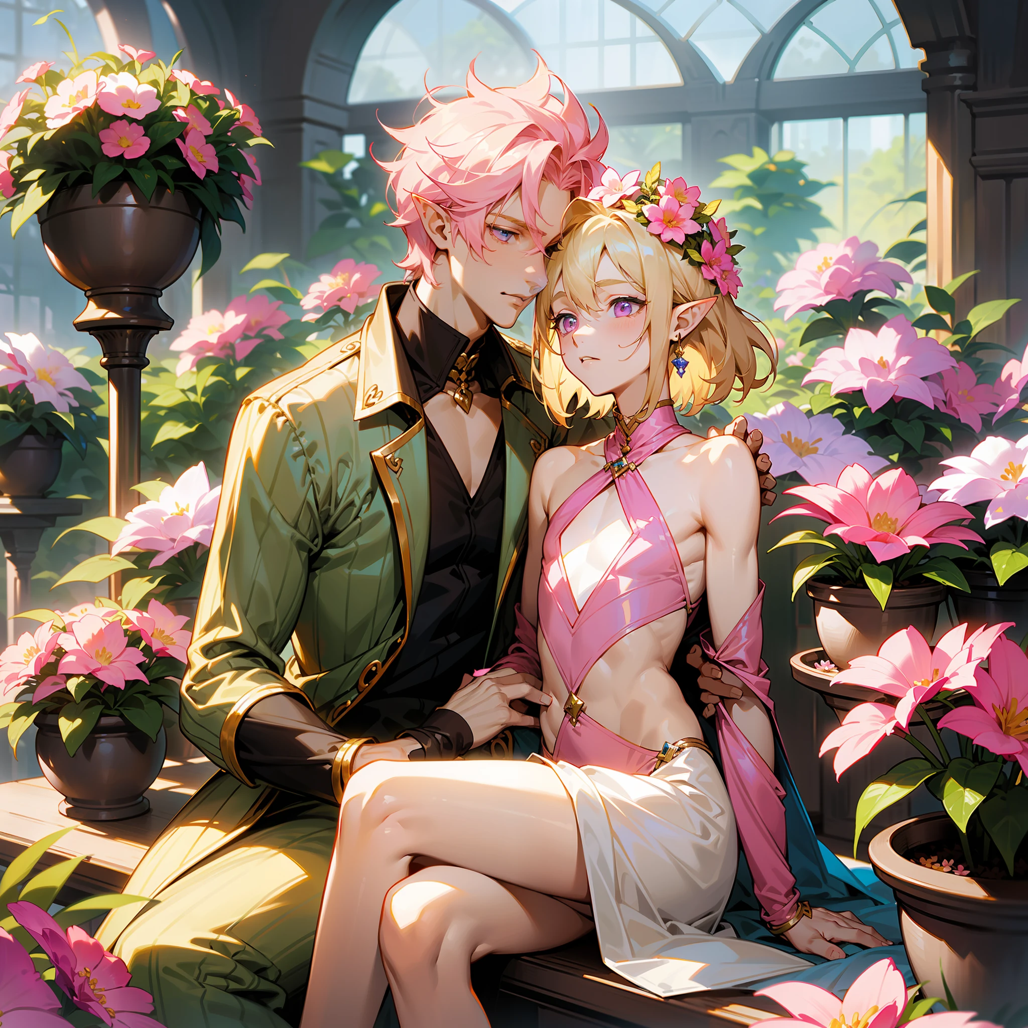 young man, twink, (((male))), (((man))), guy, (((very light blonde hair))), (((pink colored eyes))), (medium short hair), (chin-length hair), wavy hair, slim body, ((flat chest)), (((fantasy style))), (((wearing flowers in his hair))), flowercrown, ((pointy ears)), (((light pink colored eyes))), smooth skin, bare legs, revealing clothes, flowers in the background, flowers in bottles, flowers in vases, flowers in pots, inside a greenhouse with big and detailed windows, sunny weather. ((fantasy style clothes)), (kissing a taller man).