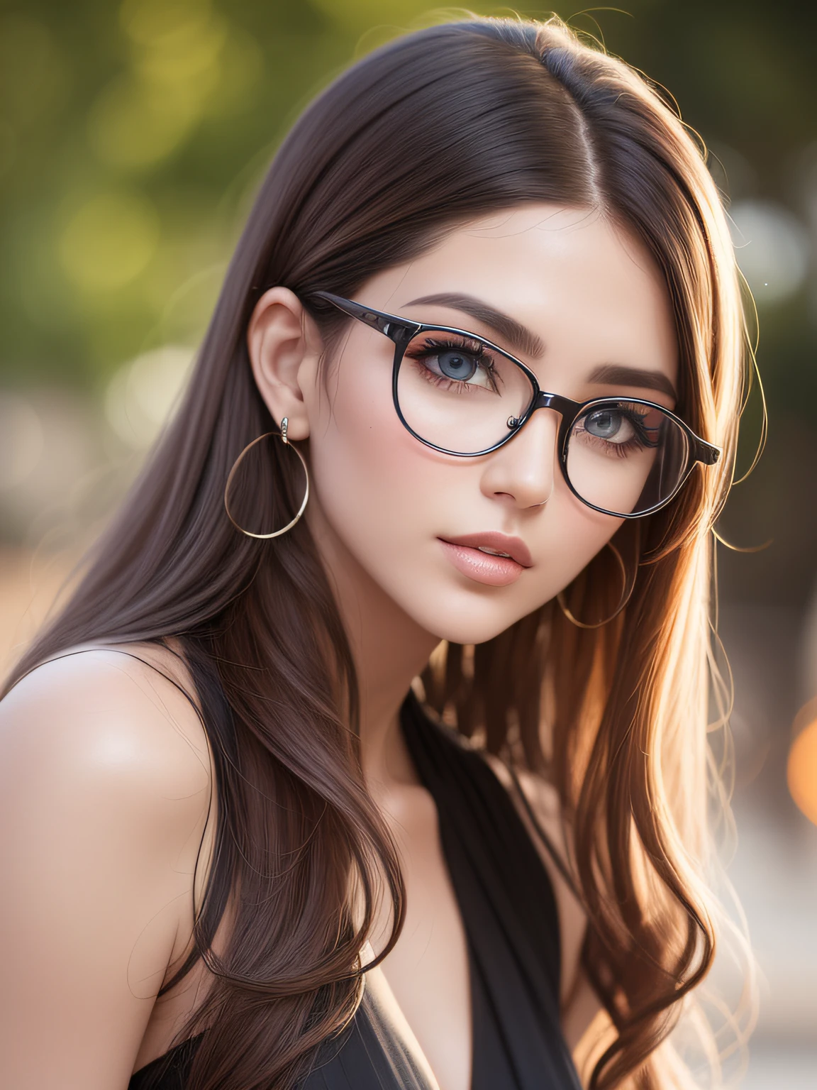 Super model in her 20s with full eyes with dark ginger long detailed hair with detailed face and detailed body with glasses, pele detalhada, Poros.