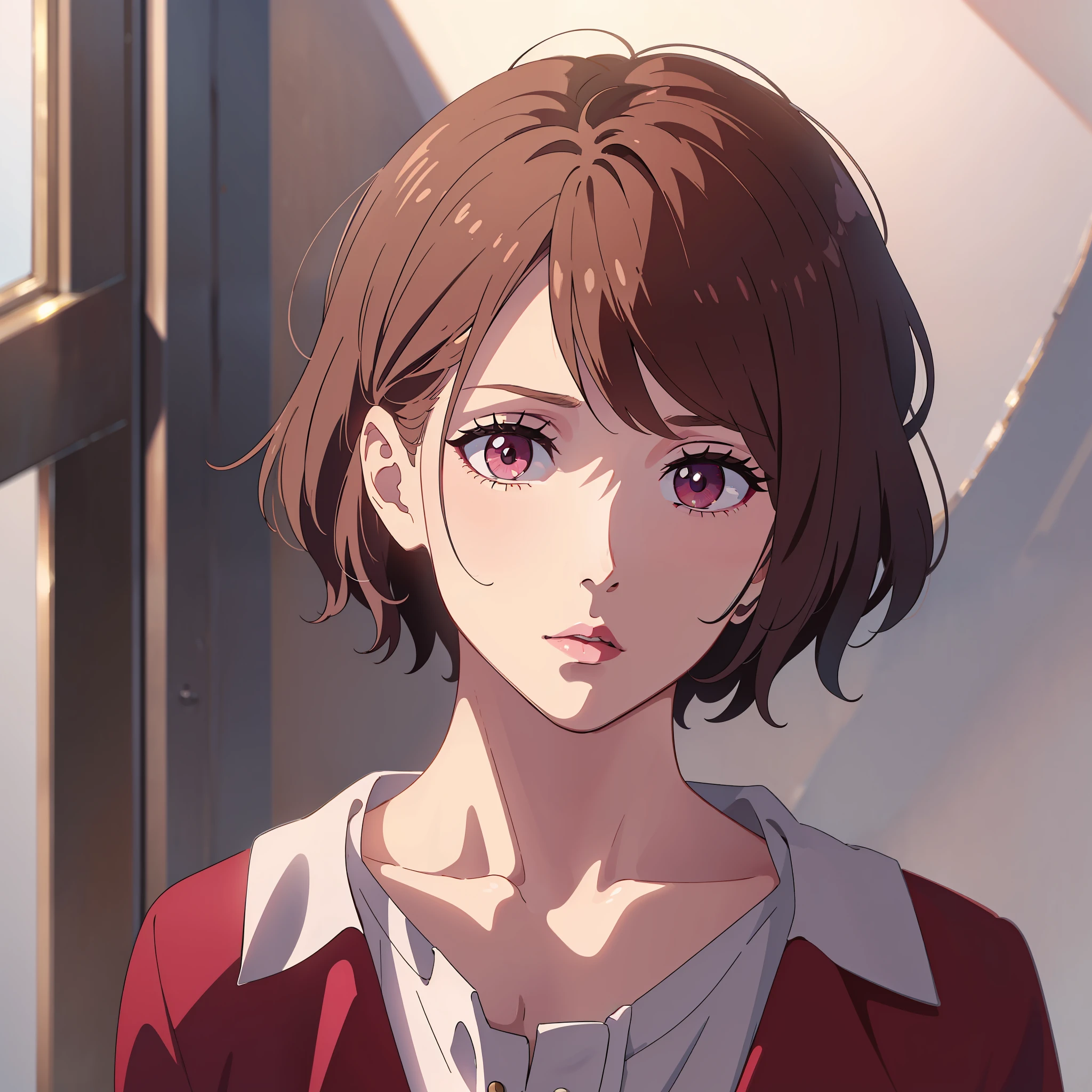Man in short hair, white shirt and long red dress,cabellos largos dorados,The eyes are melancholy,Pale pink woman with lip color talking