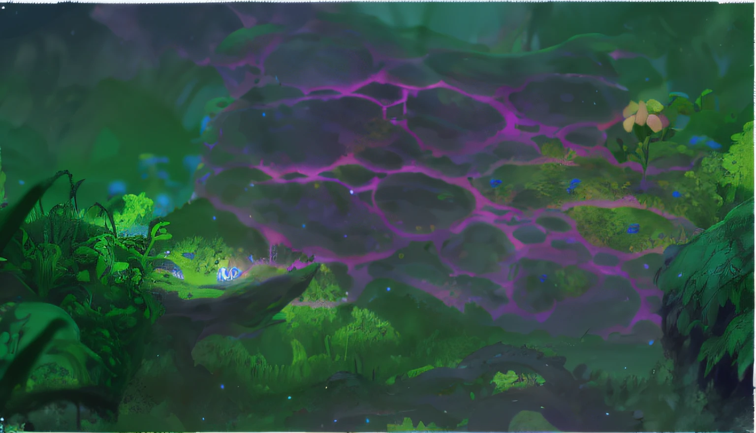 There is a picture with a purple and green background(Fantasy fruit,Fantasy vegetation),Moonlight at night,There is a flower on it, painted in high resolution, radiant slime trail, jelly - like texture, painted texture, Neon radioactive swamp, hand painted textures, bioluminescent skin, intricate oil sweeps, Glowing cracks, hand painted textures, smooth bioluminescent skin, swampy atmosphere,Pixar animation style,Pixar cartoon art,best qualityer,Best results,Optimal material feel