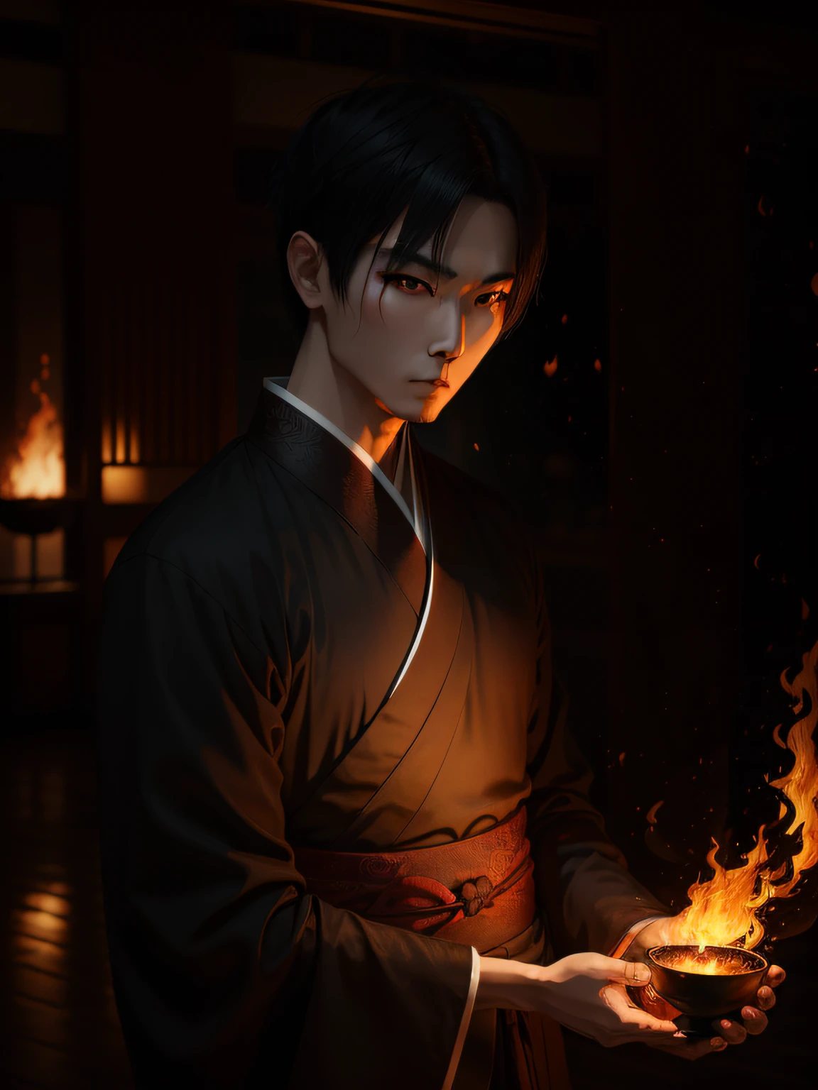 A man，Wearing black Hanfu，The eyes are fierce，Short hair，A fire，nigth， --auto