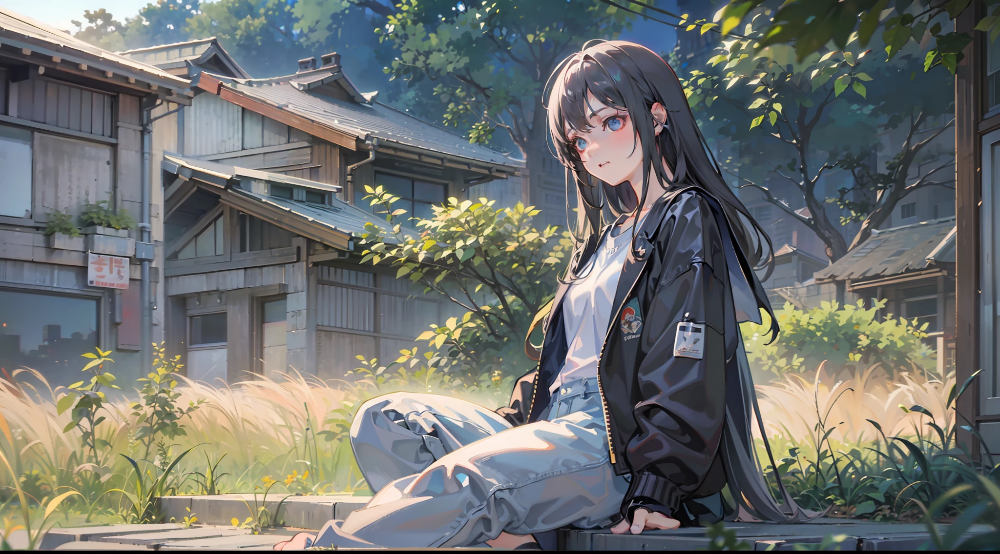 Woman sitting on chair in black top and jeans, Baggy pants, dressed with long fluent clothes, wearing a long flowy fabric, casual clothing style、 wearing a baggy, multilayered outfit, Silver and muted colors, Relaxed style, grey Clothes, Pants, baggy, Gray skin. grunge, Styling、Ruins、Buildings eroded by vegetation,hi-school girl、military outfits, guweiz and makoto shinkai, realistic anime 3 d style, Kyoto Animation Style