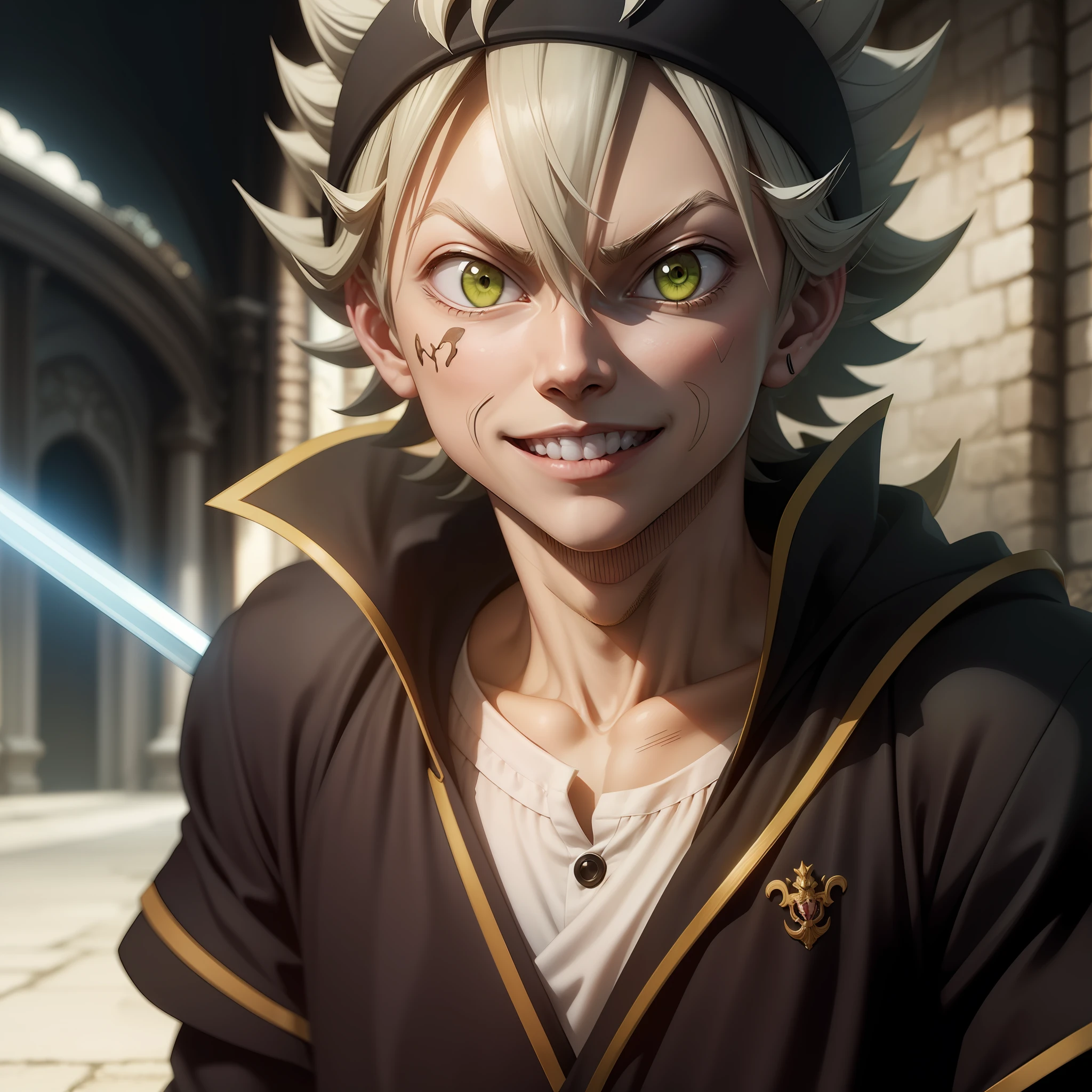 Asta, BlackCover Anime, white hair, smile, one eye is green and the other is red, he has a long sword in his hand, a drawing of a man with red eyes, screenshot from black clover, otaku gangasta, killua zoldyck, killua zoldyck portrait, demon slayer, ufotable studio art style, killua zoldyck black hair, kimetsu no yaiba, kentaro miura!, anime epic artwork, ufotable art style