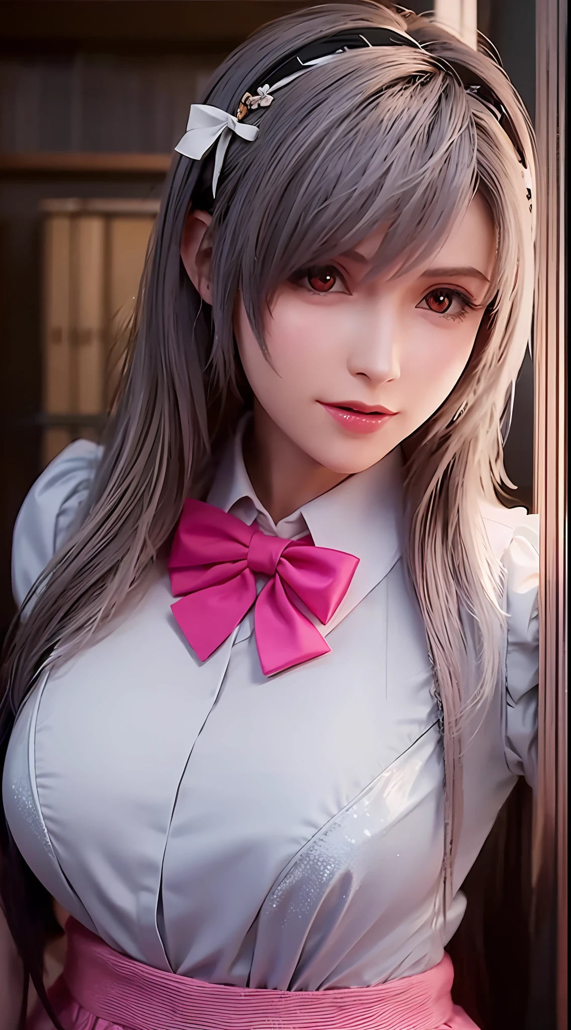 (Dark scene,gentlesoftlighting,high saturated):1.4,Vivid lighting,enchanting elegance,The depth of the atmosphere,Superb technique,Manifestations of naturalism,Harmonious composition,Creative refinement,striking juxtapositions, 1girll,age 22,JK suit,White color blouse,Pink bow,neck bowtie,Pink skirt ,((the sunset)),volume fog,exteriors,Larger breasts。
