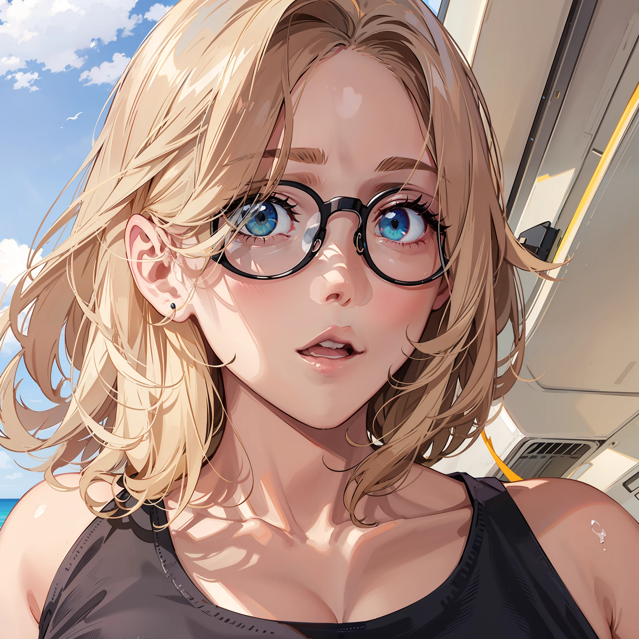 handsome girl, Light-brown hair, green-blue eyes, Black T-shirt, swollen lips, closed mouth, pink lips, eyeglasses, bright sunlight, Masterpiece