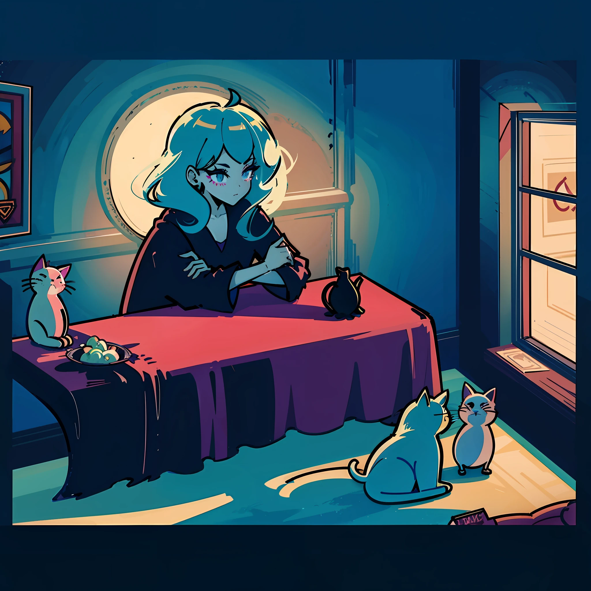 witch sitting in a chair in a dark room with a cat, witchy, witch girl, witch academia, calm night. digital illustration, cat witch, jen bartel, lo-fi illustration style, witch, digital 2d illustration, 2d digital illustration, 2d illustration, 2 d illustration, digital fantasy illustration, dreamy illustration, procreate illustration