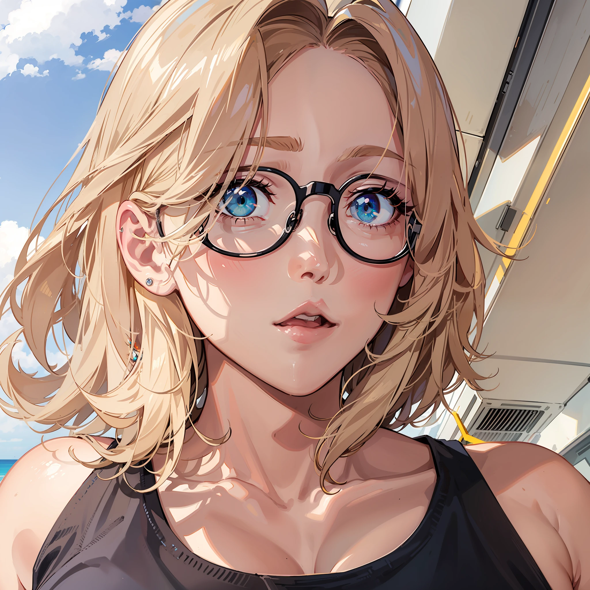 handsome girl, Light-brown hair, green-blue eyes, Black T-shirt, swollen lips, closed mouth, pink lips, eyeglasses, bright sunlight, Masterpiece