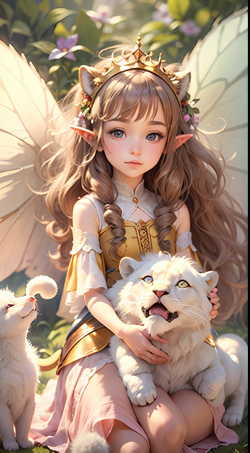 Fairy tale picture book,Cute princess and her little animals,Little lion,the elf,Transparent wings,Dreamy,high qulity,16K resolution,(best qualtiy),(tmasterpiece),super-fine,Detailed pubic hair,Accurate
