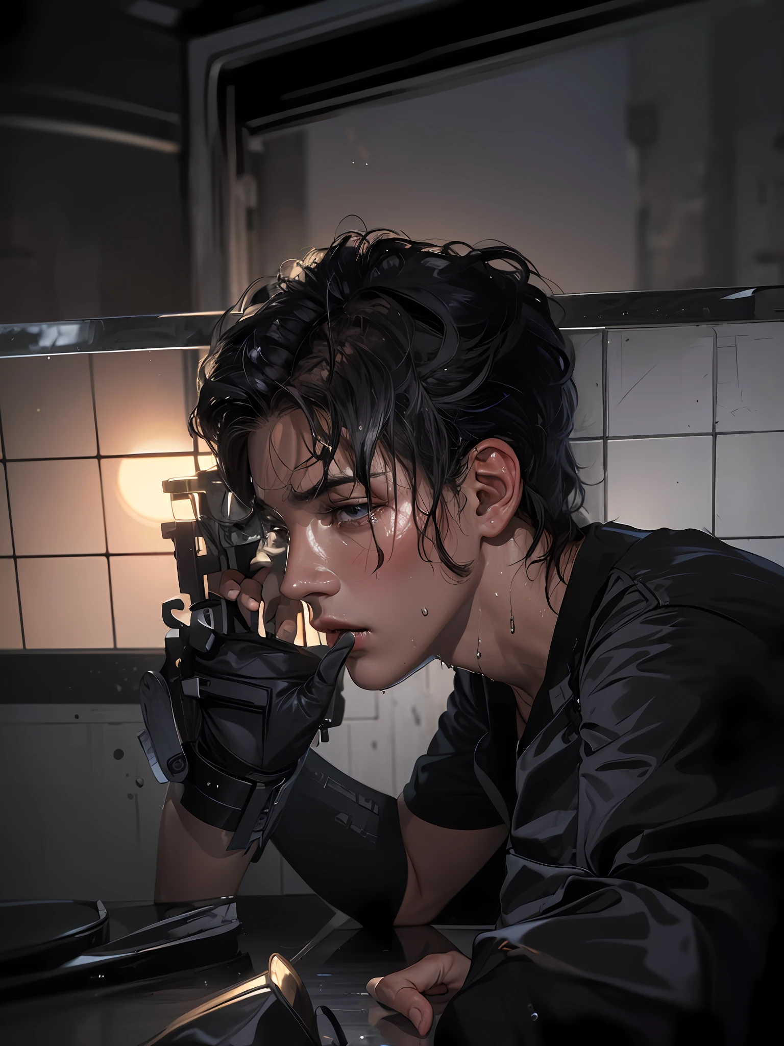 Best Quality, Masterpiece, Ultra High Resolution, (Fidelity: 1.4), Photos, 1 Handsome Long Hair (((Boy)))), Dim, Darkness, Lightning, Despair, Pathese, Movie, Tears, Teardrops, ((Men)), (Torn Clothes: 1.5), (Wet Clothes: 1.4), Kneeling on the Ground, Saving Yourself, Biting Lower Lip, Bare Shoulders, Real Rain, Wet Hair, (((Men)))